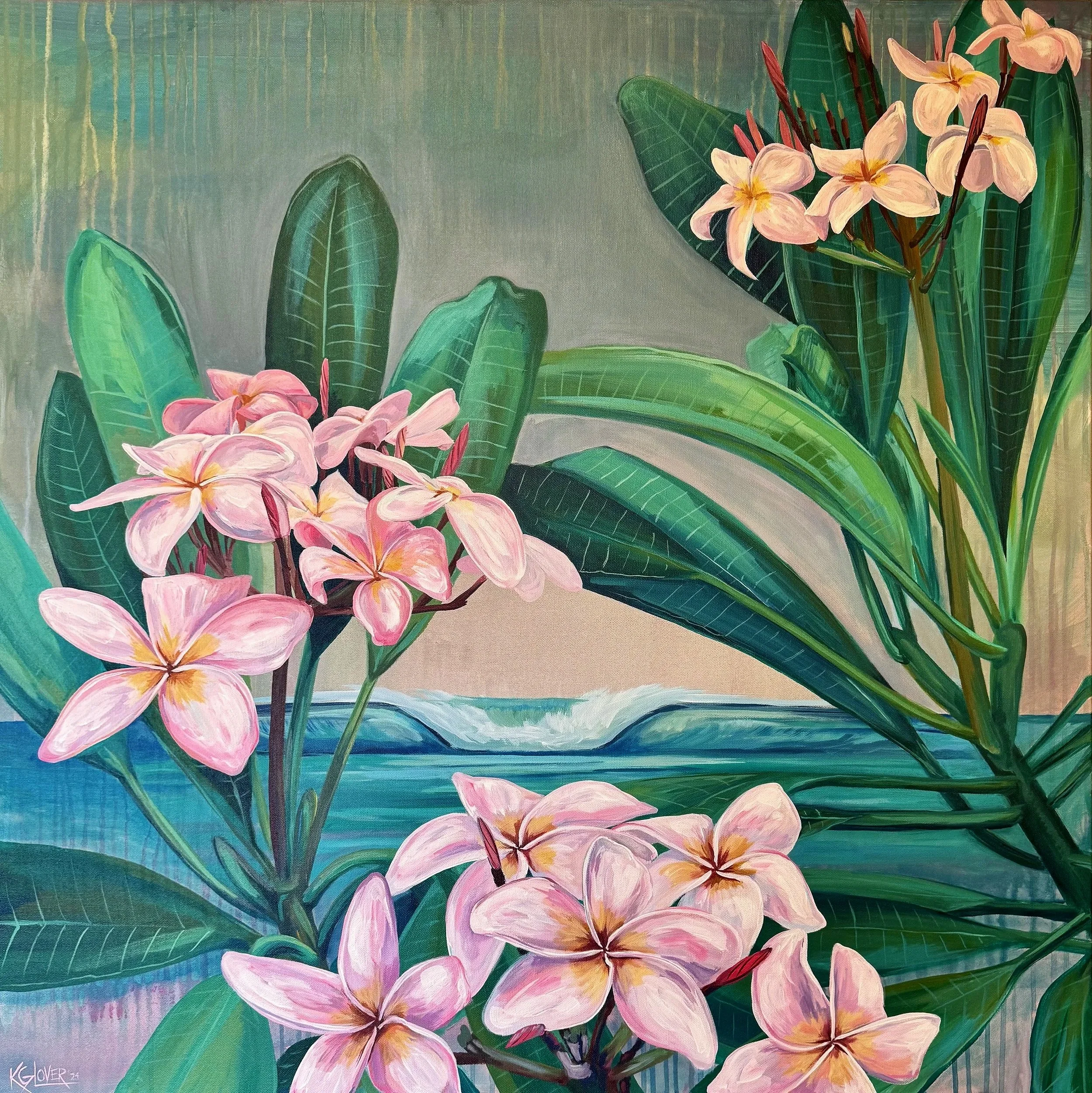 “Plumeria &amp; Wave”, 30x30”, Acrylic, 2024. 