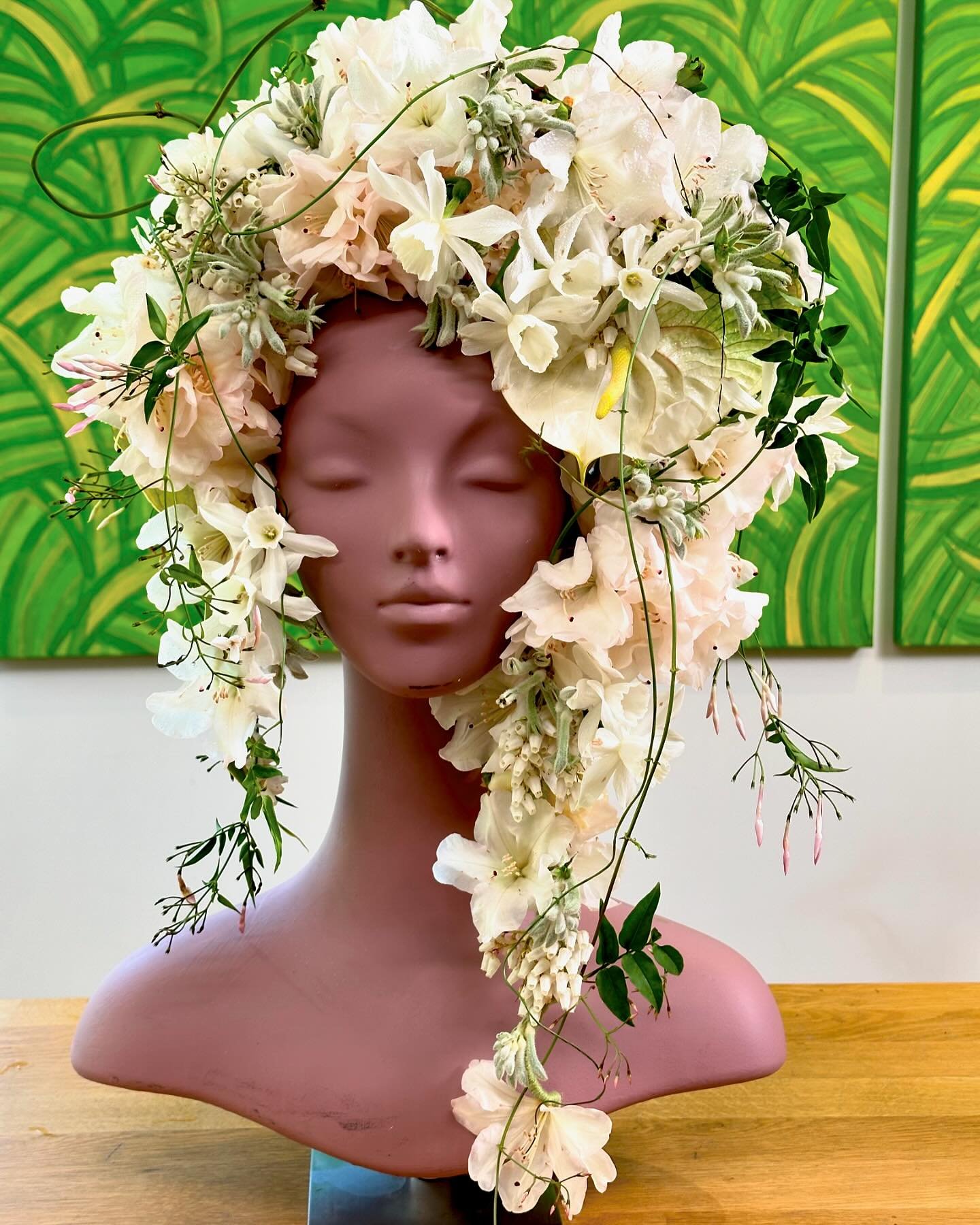 CAPTURE the Fleeting Moment of the Season in a Flower Crown!! My beautiful Rhododendron clouds, Pieris and white Narcissus will be finished next week if I don&rsquo;t capture them in an ethereal, temporary design today!!! This is the flowered finish 