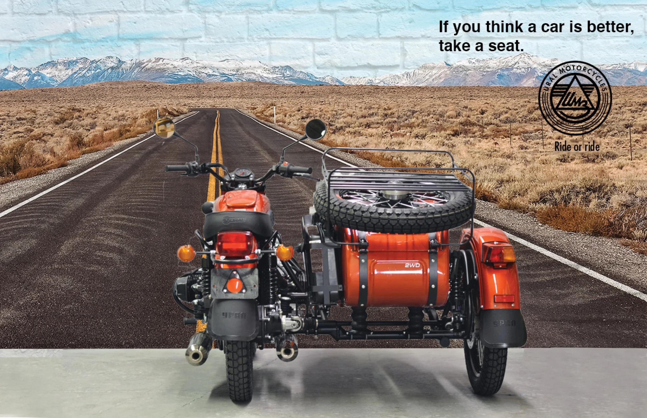 An actual Ural motorcycle would be placed in front of the wall, as seen in the image above.