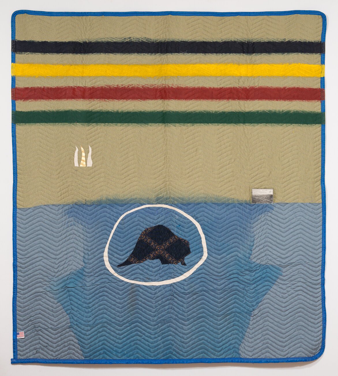 Peter Gynd, Untitled Blanket #1, 2015, acrylic, canvas, gold foil, upholstery fabric, vintage photograph on packing blanket, 78 x 72 in.
