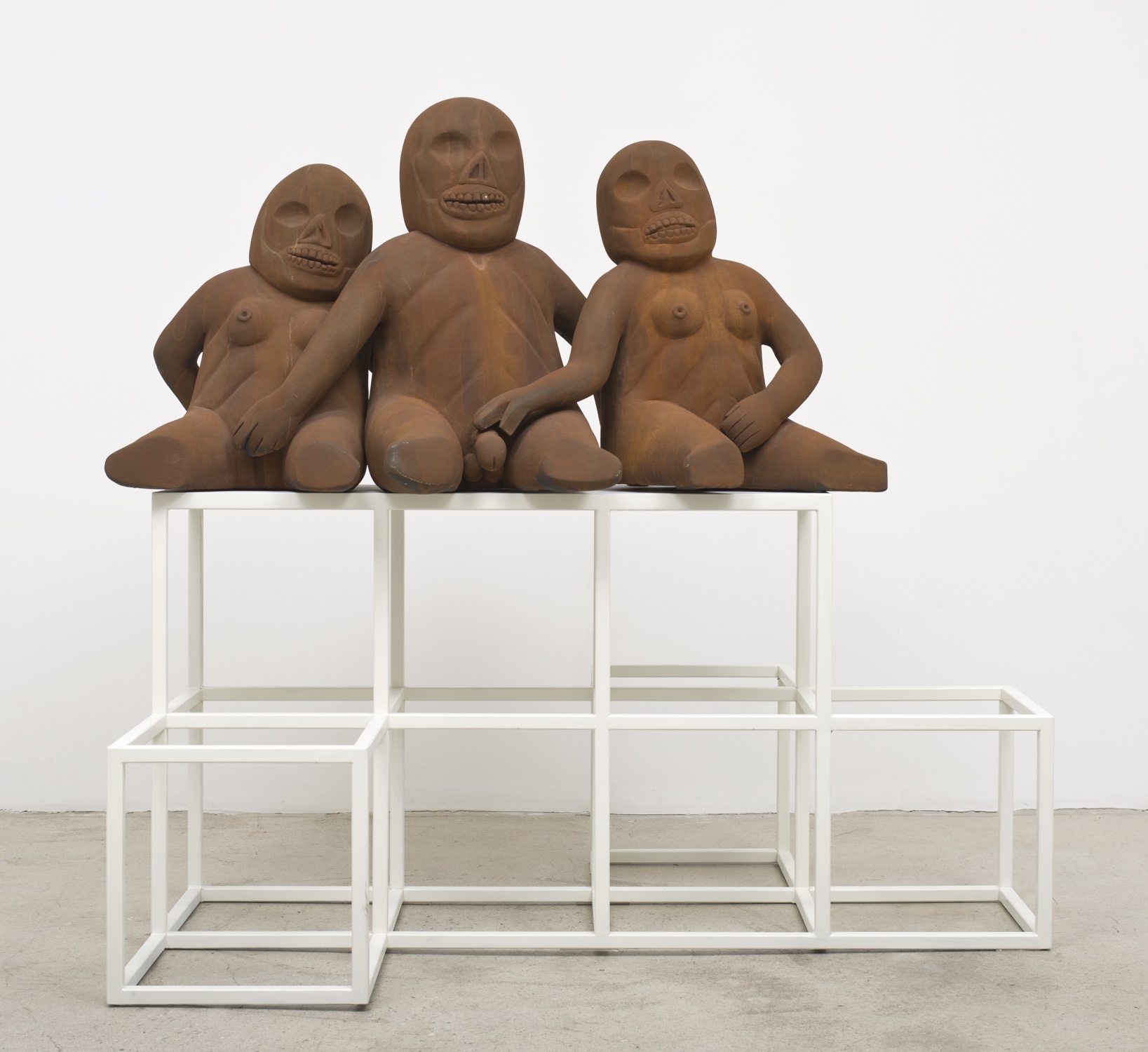 A Very, Very, Very Touching Moment (Hear Some Evil, Say Some Evil, See Some Evil), 2004 Terracotta, steel, paint, and diamond 52 x 42 x 30 in, 132.08 x 106.68 x 76.2 cm