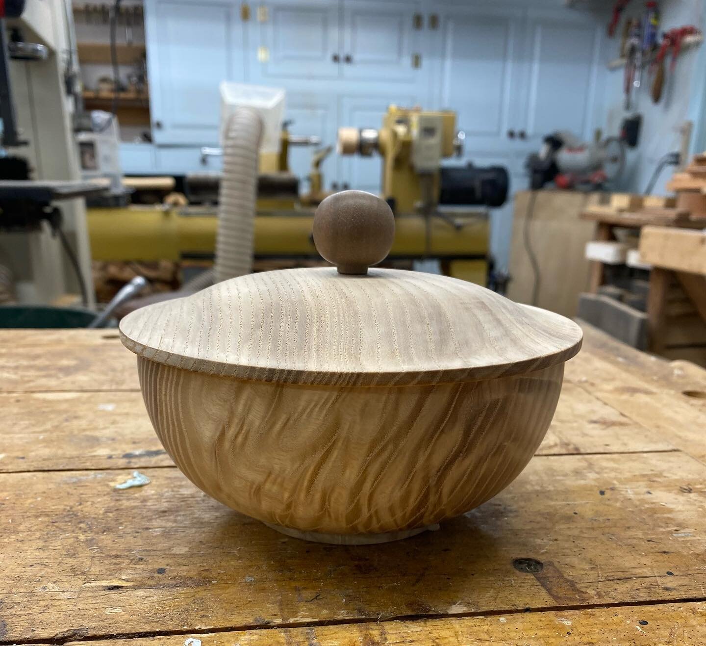 Today&rsquo;s project ready for finish. Highly figured ash bowl with cover from the same section of wood. #ash #ashbowl #coveredbowl #handturned #woodbowls #shoplocal #smallbusiness