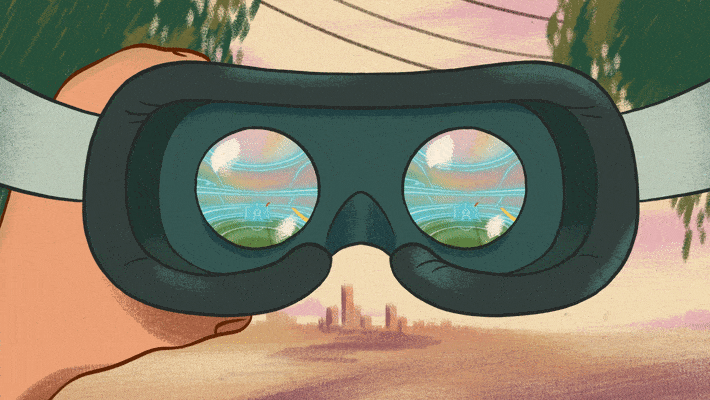 Animated illustration VR headset being put on, transforming the viewers vision into a virtual soccer game