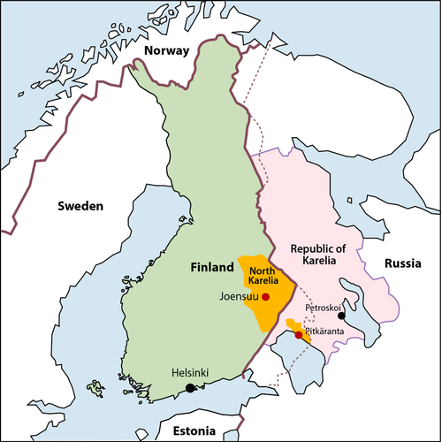 North Karelia in Finland and Pitkäranta region in the Republic of Karelia in Russia. The dashed lines are Finnish borders before 1944. Haahtela, et al, 2015.
