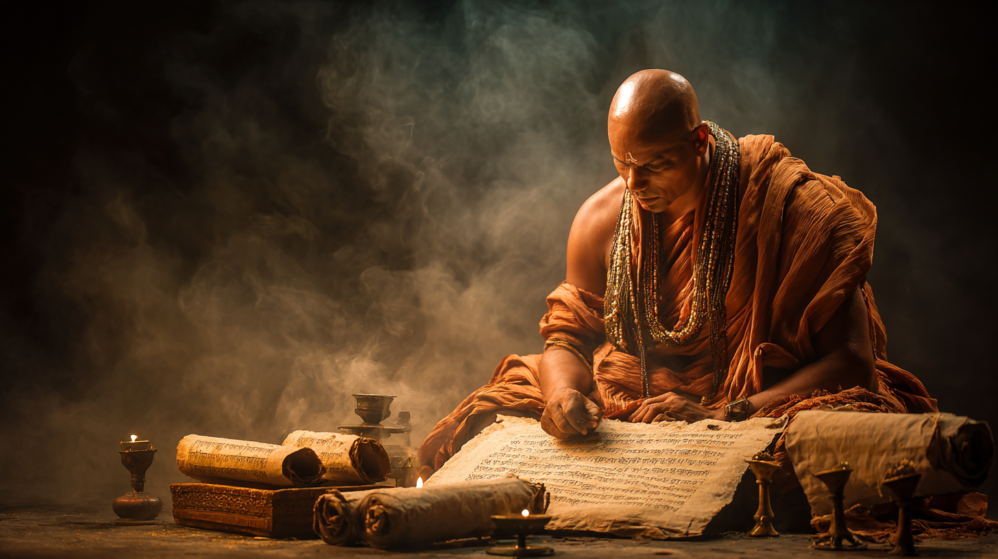 Chanakya sitting with scrolls, meditative expression, dusty book of Arthashastra open, candlelight, subtle aura of intellect and strategy, ancient India