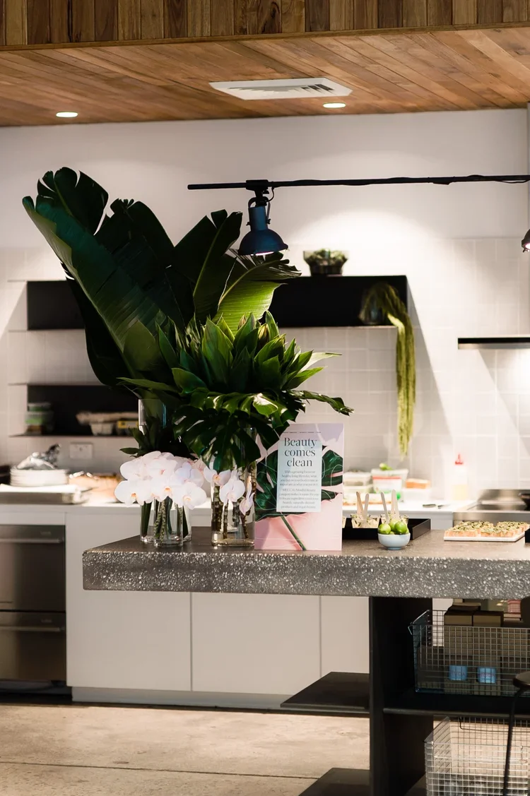 A kitchen with a large green plant and white orchids on a gray speckled countertop counter. The kitchen has white cabinets, black open shelves, and a wooden ceiling. There are various kitchen items and a small post or sign that says "Beauty comes cle