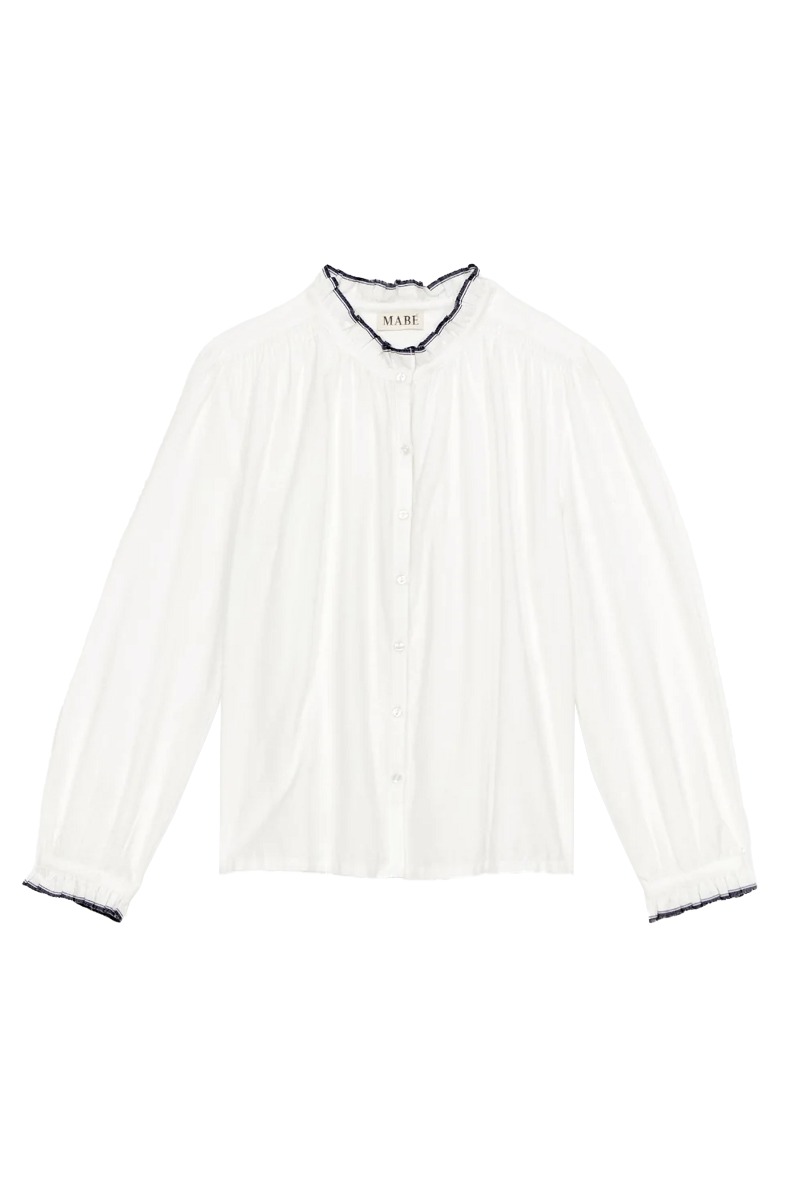 M.A.B.E Apparel ivory blouse flat lay
