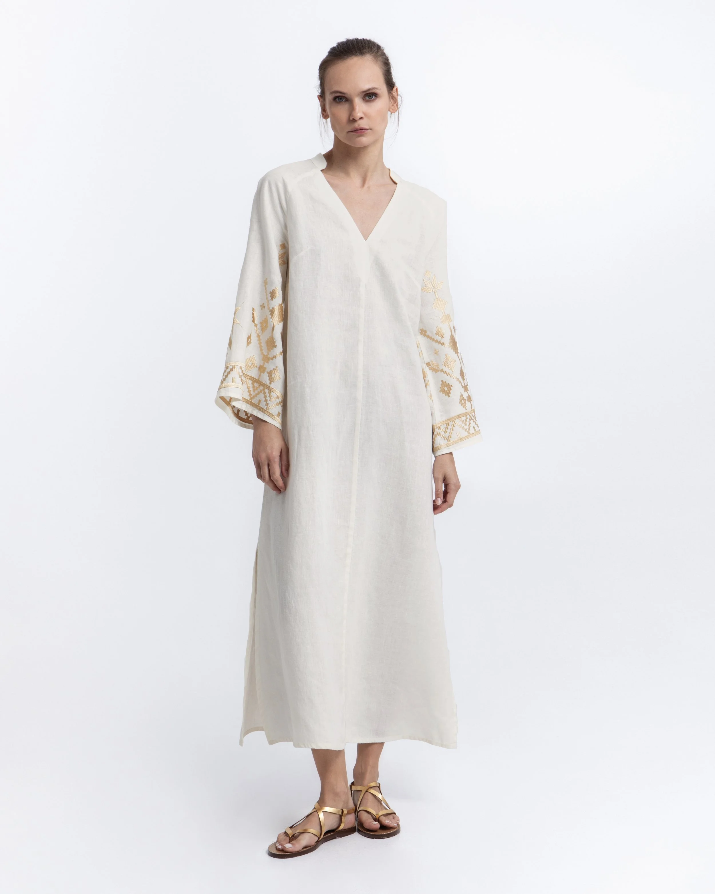 Greek Archaic Kori white embroidered kaftan