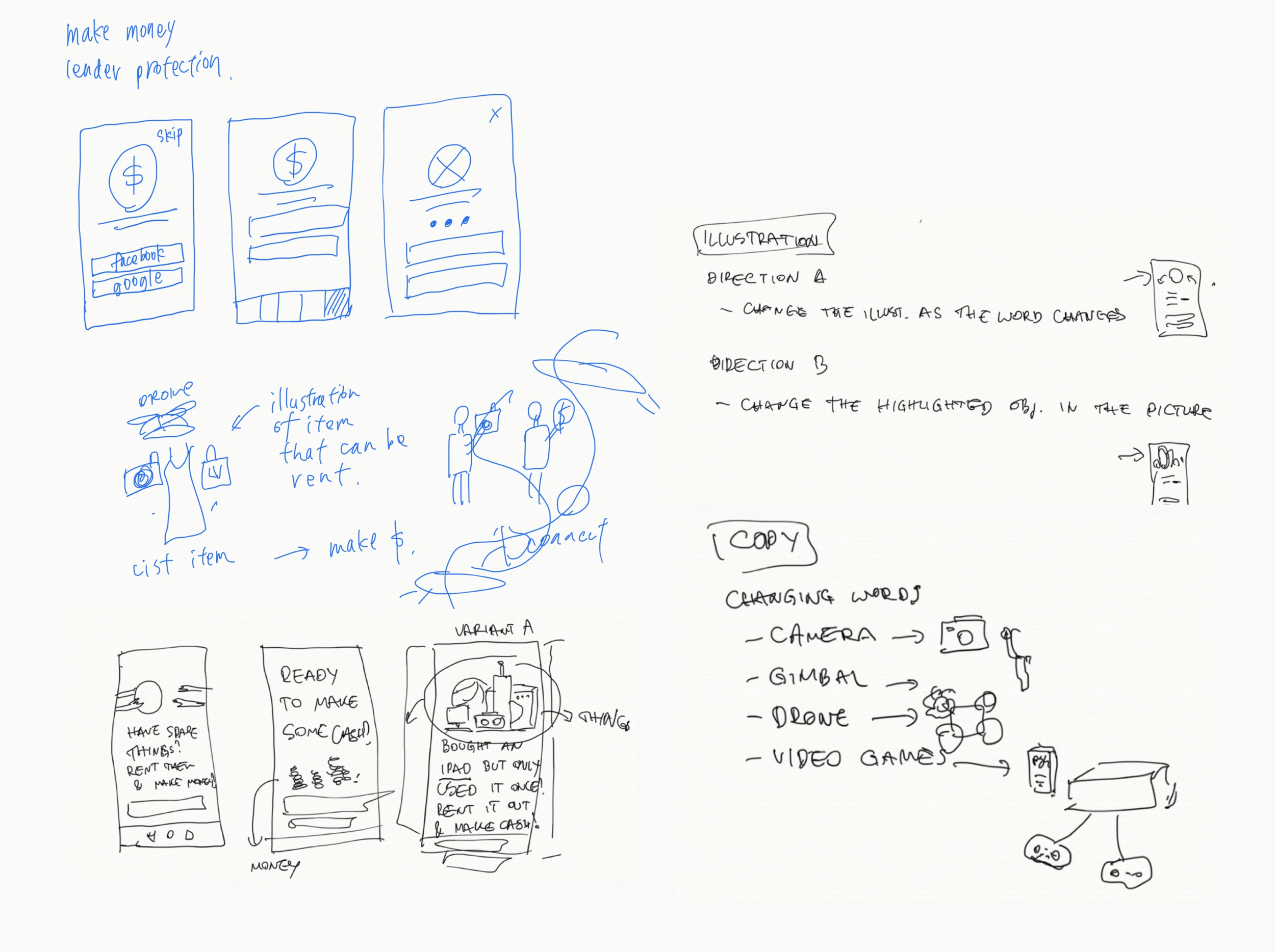 Sketches during the discussion for mobile app landing page improvement
