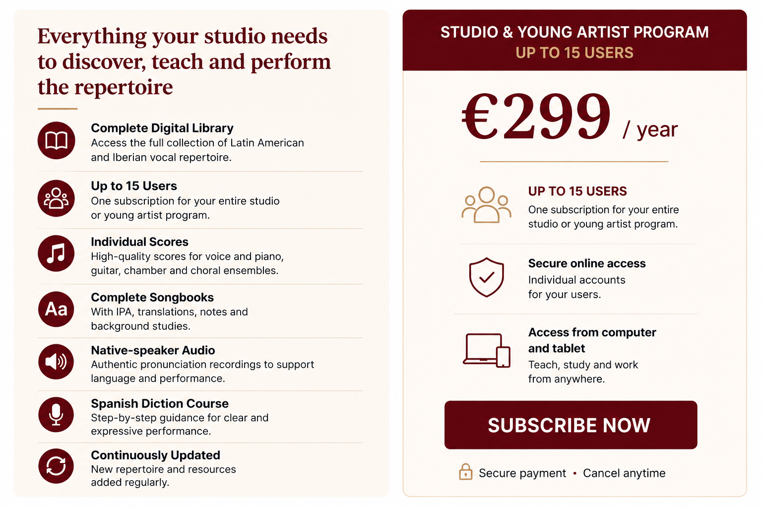 An advertisement for a studio and young artist program priced at 299 euros per year, offering access for up to 15 users, online access, and resources including a digital library, scores, songbooks, native speaker audio, Spanish diction course, and regular updates.