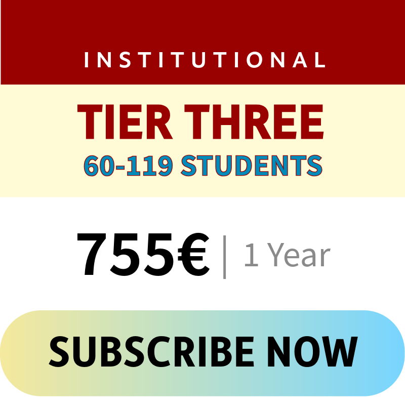Information about a tier three student subscription plan, with a fee of 755 Euros for one year, targeting students between ages 60-119.