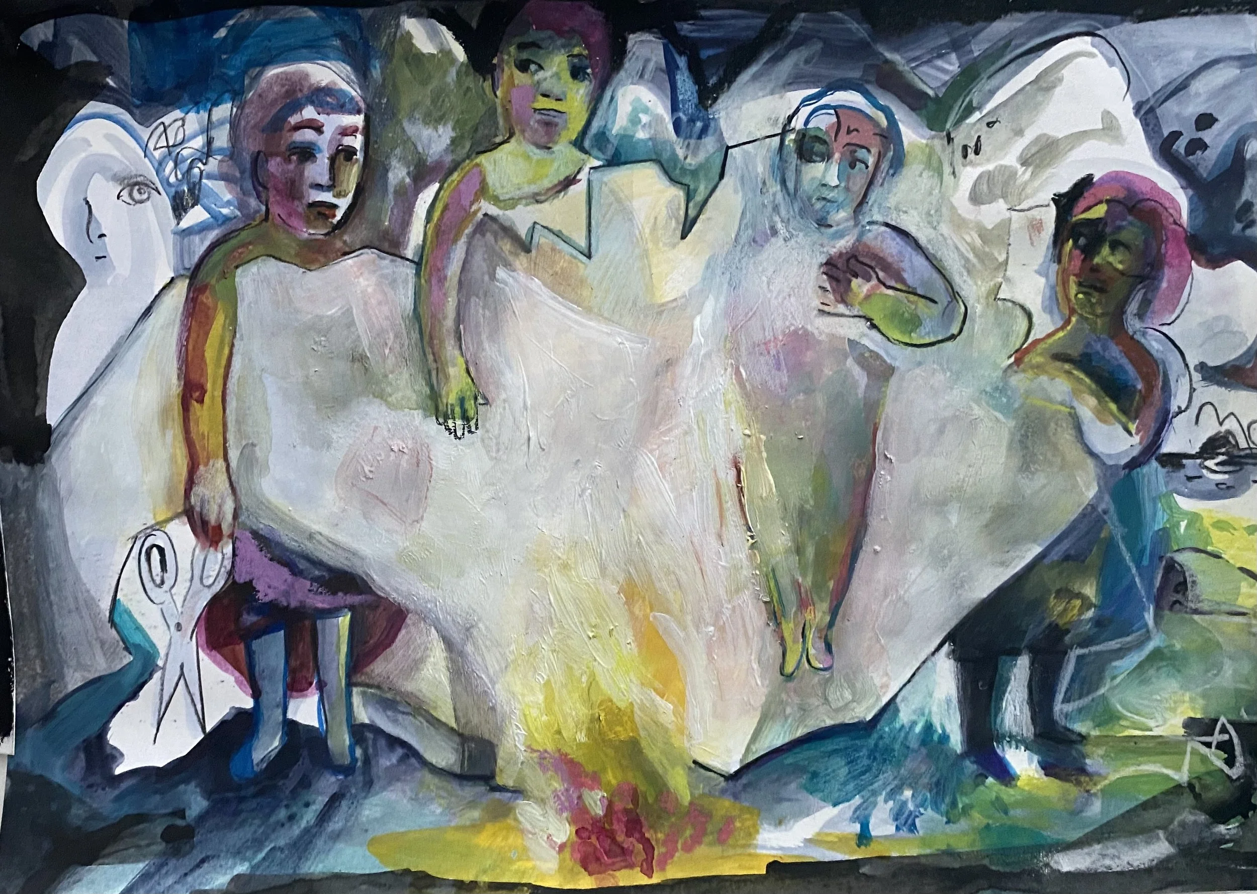 Rock,paper,scissors,fire. Mixed media on paper, 20x30cms, 2025.