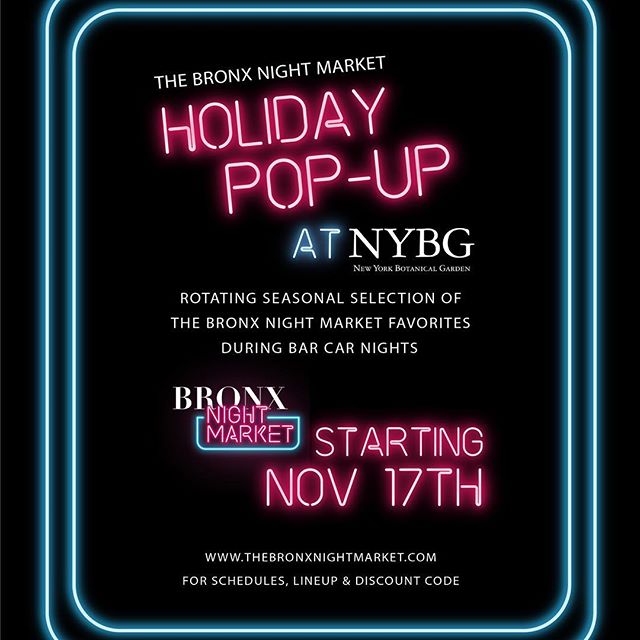 We are here at New York Botanical Garden today from 7PM - 10:30PM for the @thebronxnightmarket holiday pop up, their Bar Car Night event! This is a 21+ event, come enjoy some drinks and amazing food!