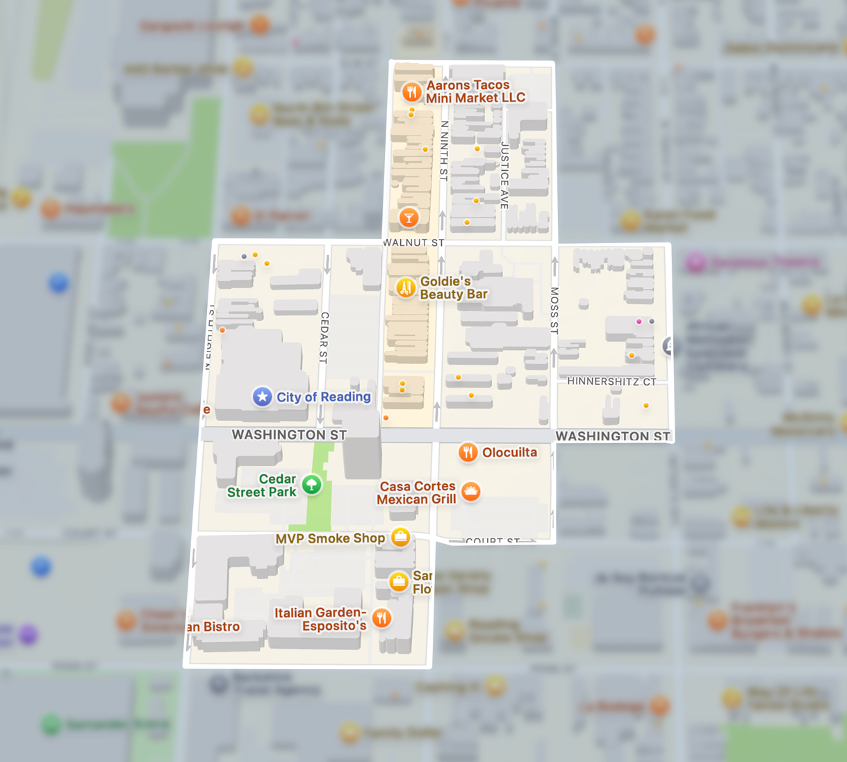 Map showing businesses and landmarks on Washington St, including Aarons Tacos Mini Market, Goldie's Beauty Bar, Cedar Street Park, and Casa Cortes Mexican Grill.