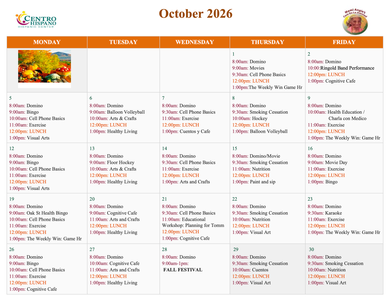 Centro Hispano Oct 2026 Calendar