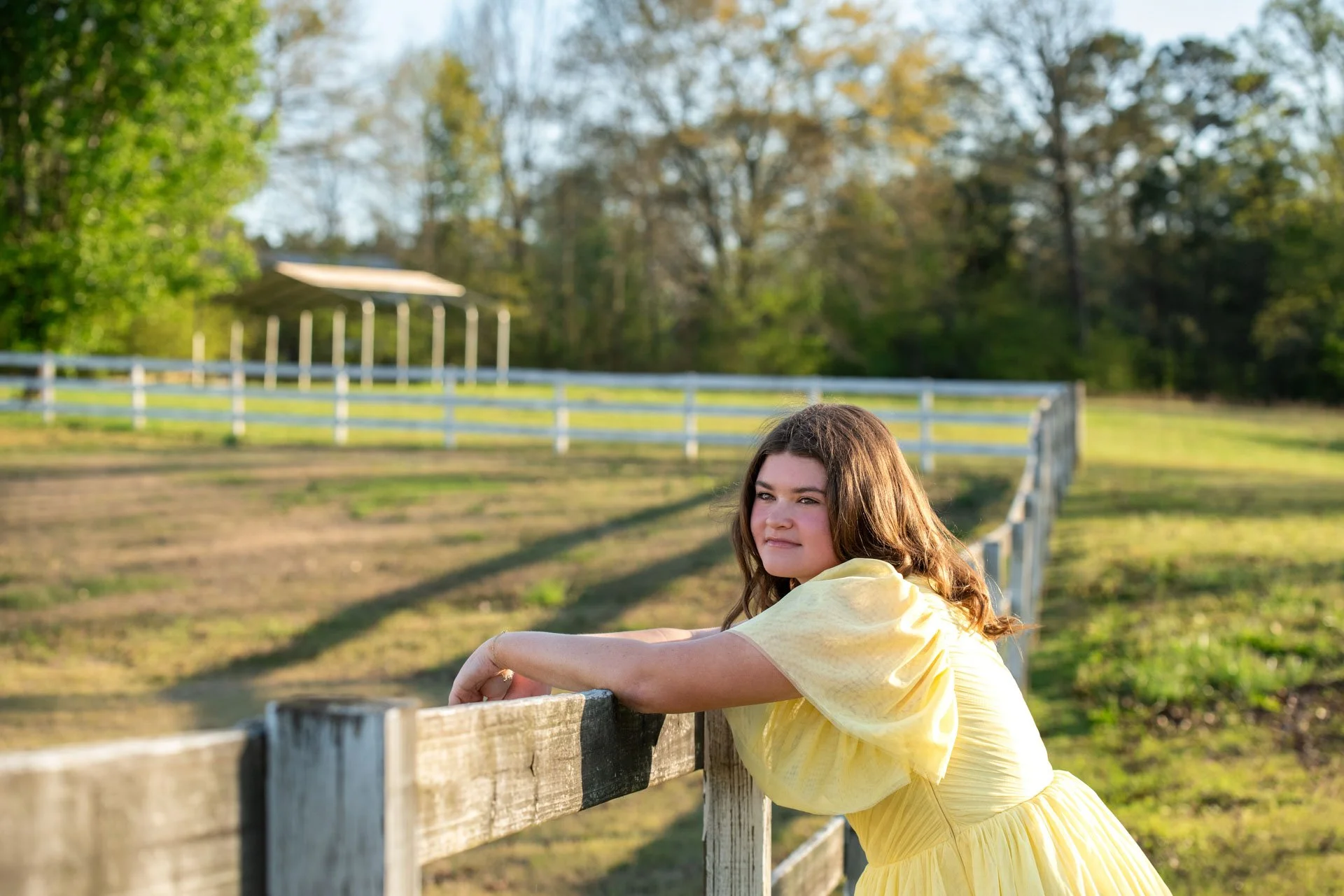 Senior portrait in yellow dress leaning on fence Pell City Alabama golden hour, Darling Dear Photo