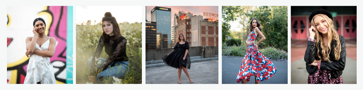 collection of darling & dear high school seniors in different outfit ideas for urban and natural settings