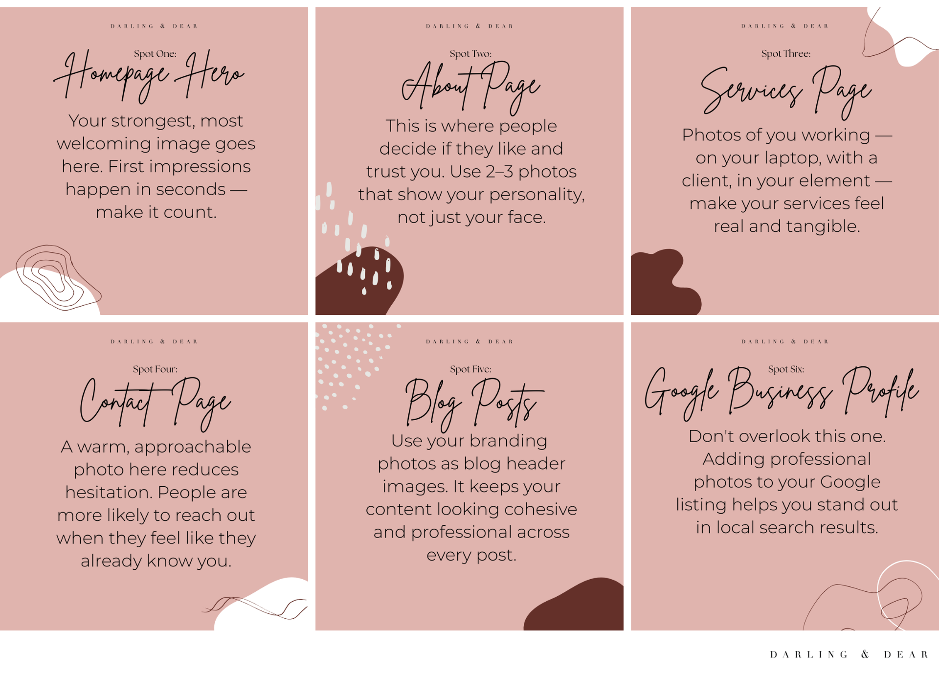 Six square graphics for what to use your branding photos for on your business website