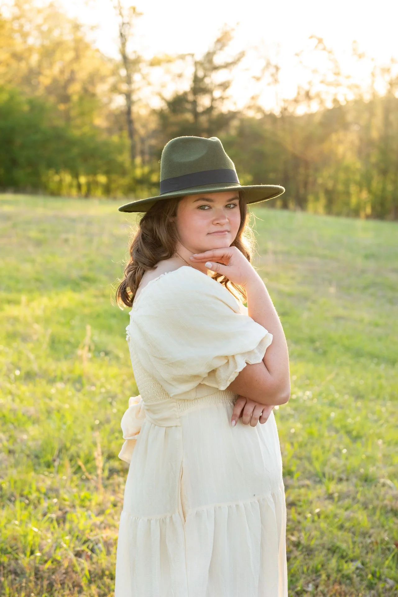 Senior girl in cream dress standing in field at golden hour Pell City Alabama, Darling Dear Photo