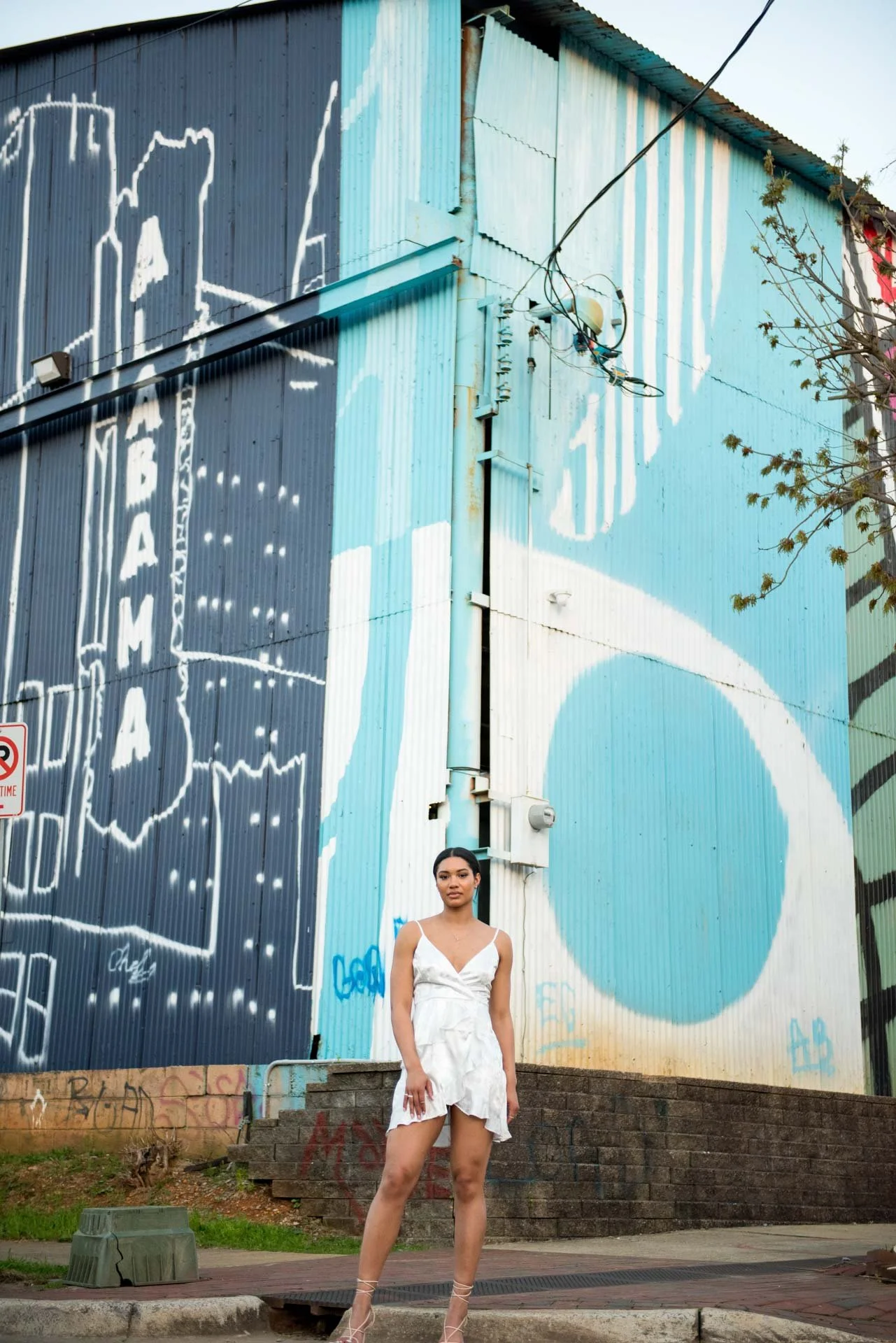 College graduation portrait in white dress in front of Birmingham Alabama mural, Darling Dear Photo