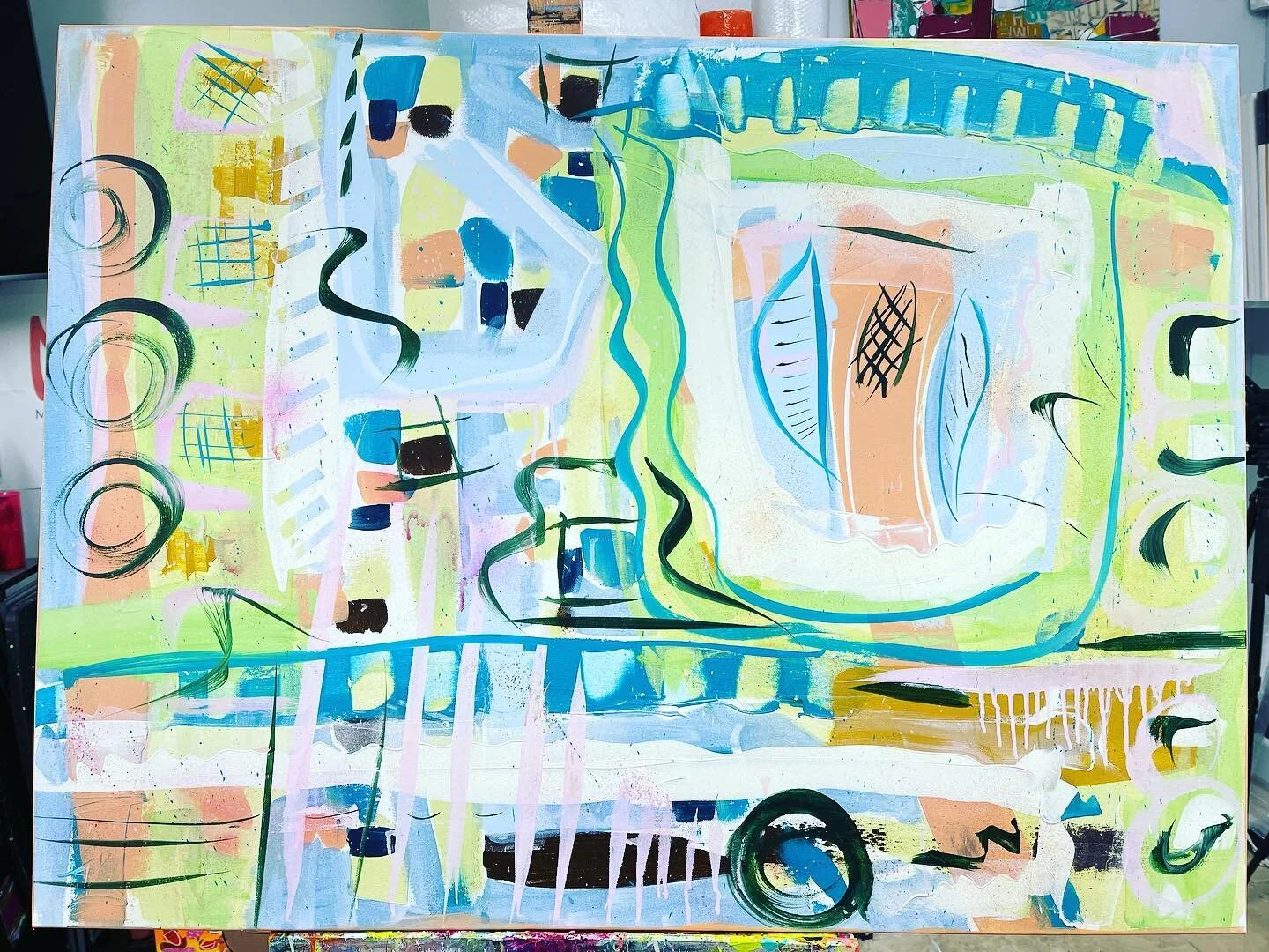 Hi guys! Starting the week off with a new painting! I had a lot of fun making this and am excited to share it with you guys. 🥰 it measures 40&rdquo;x50&rdquo;. 
.
.
.
#artoncanvas #colorfulart #boldart #rvaarts #rvaartist #studiofun #abstractpaintin