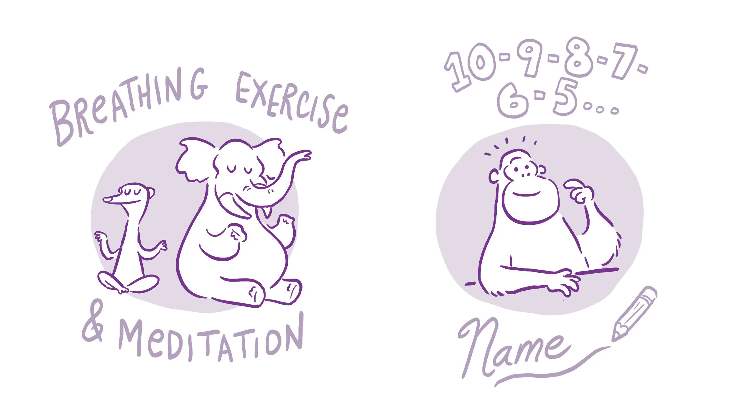 Illustration of a book cover featuring a purple line drawing of a dinosaur and an elephant sitting in a meditation pose, with the text 'Breathing Exercise & Meditation' above. To the right, a monkey is depicted with a list of numbers, with a pencil drawing the word 'Name' below.
