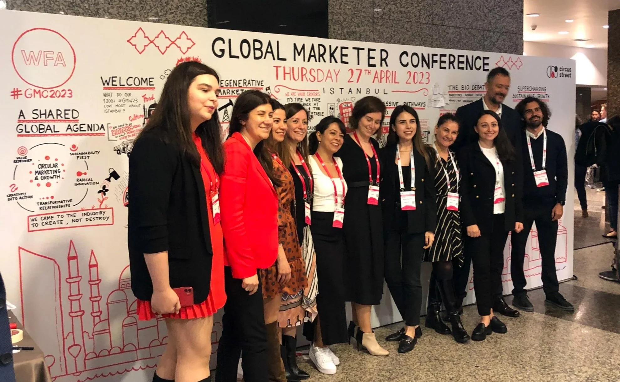 Group of people standing in front of a conference backdrop at the Global Marketer Conference, taken on April 27, 2023, in Istanbul.