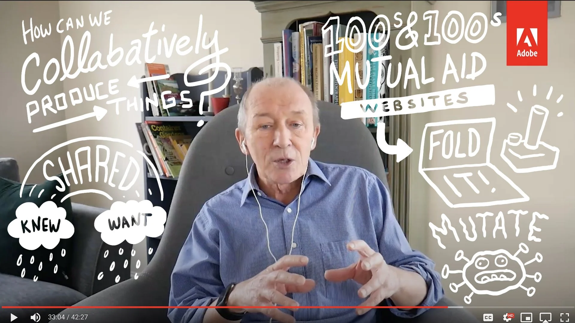 A man sits in a chair with bookshelves behind him, wearing a blue shirt and earbuds. Overlaid on the image are white hand-drawn style graphics and text related to collaboration, website creation, mutual aid, sharing, and COVID-19.