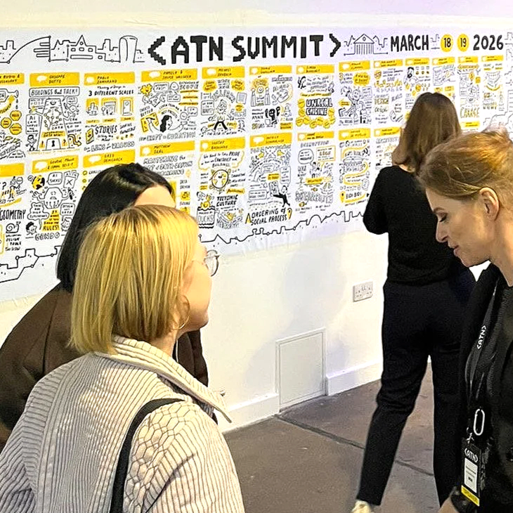 People looking at a large illustrated wall chart titled 'ATN Summit' with event dates in March 2026 and various notes and drawings.