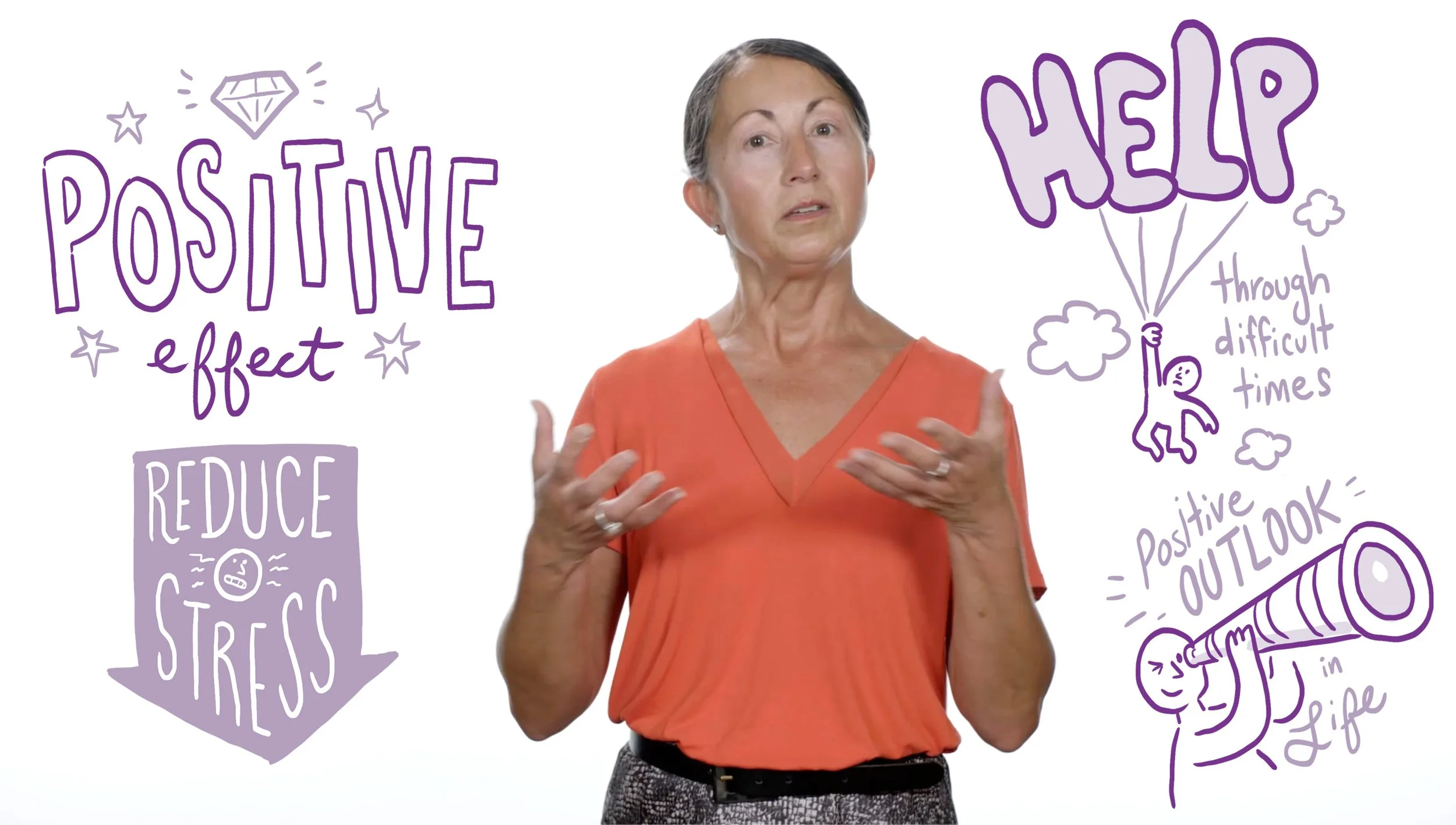 A woman in an orange top explains the positive effect of reducing stress through a positive outlook, illustrated with purple doodles including a diamond, a star, a person holding a balloon with the word 'HELP,' a telescope, and various text elements about positivity and stress relief.
