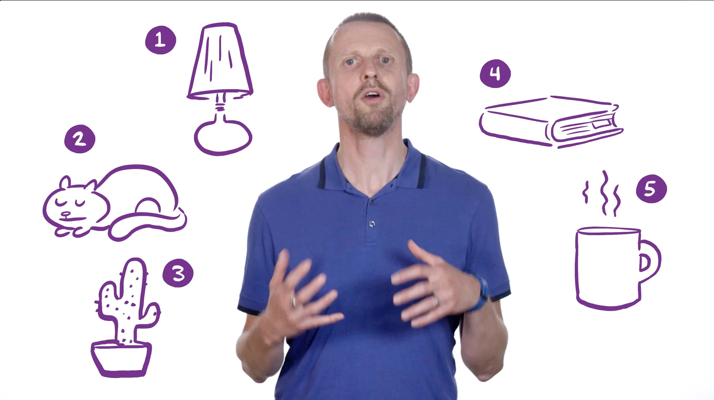 A man standing in front of a whiteboard with five purple line drawings of a lamp, a sleeping cat, a cactus, a book, and a steaming mug.
