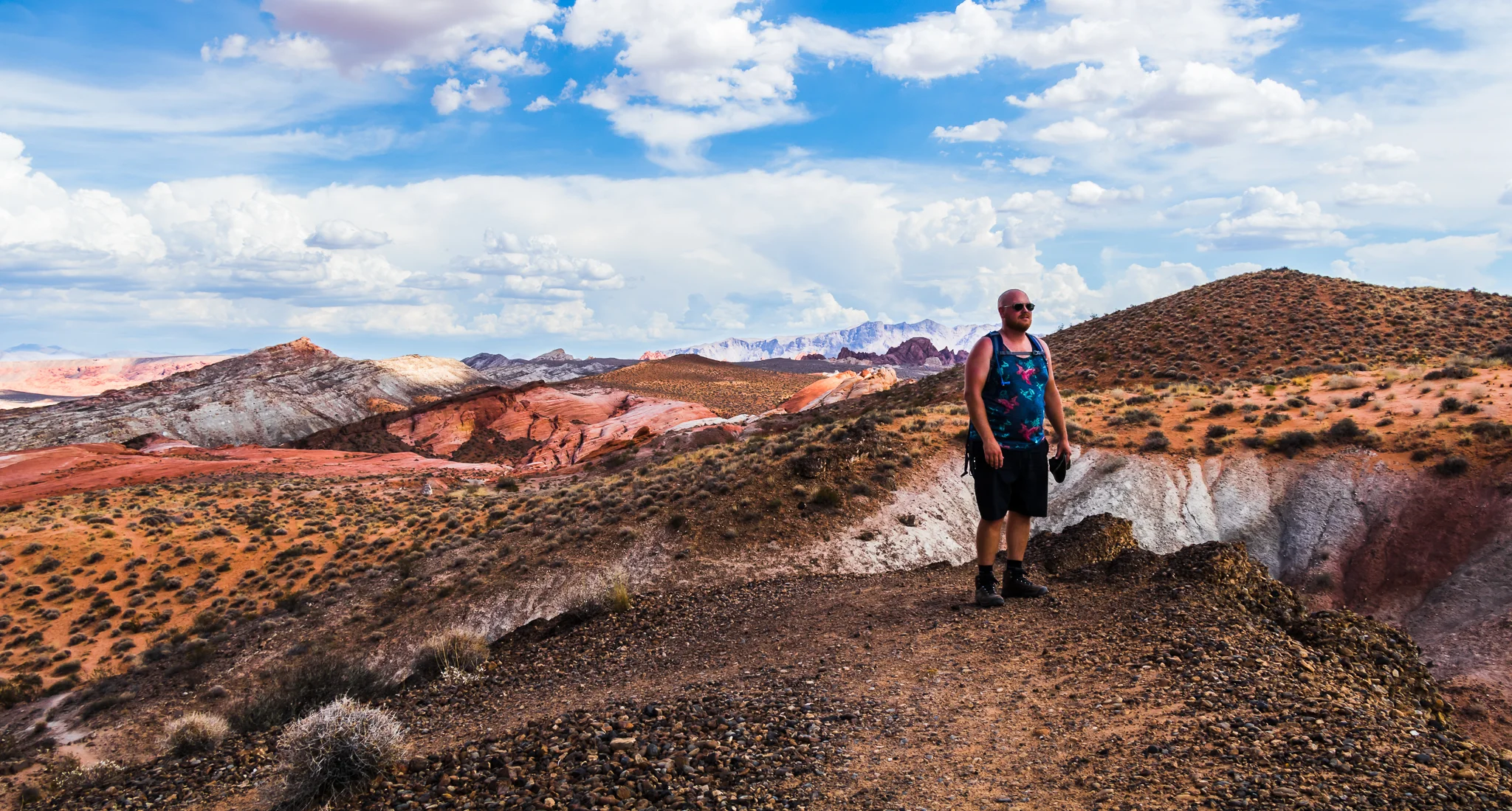 A man standing on a rocky hilltop in a desert landscape with colorful, layered mountains in the background and a partly cloudy blue sky.