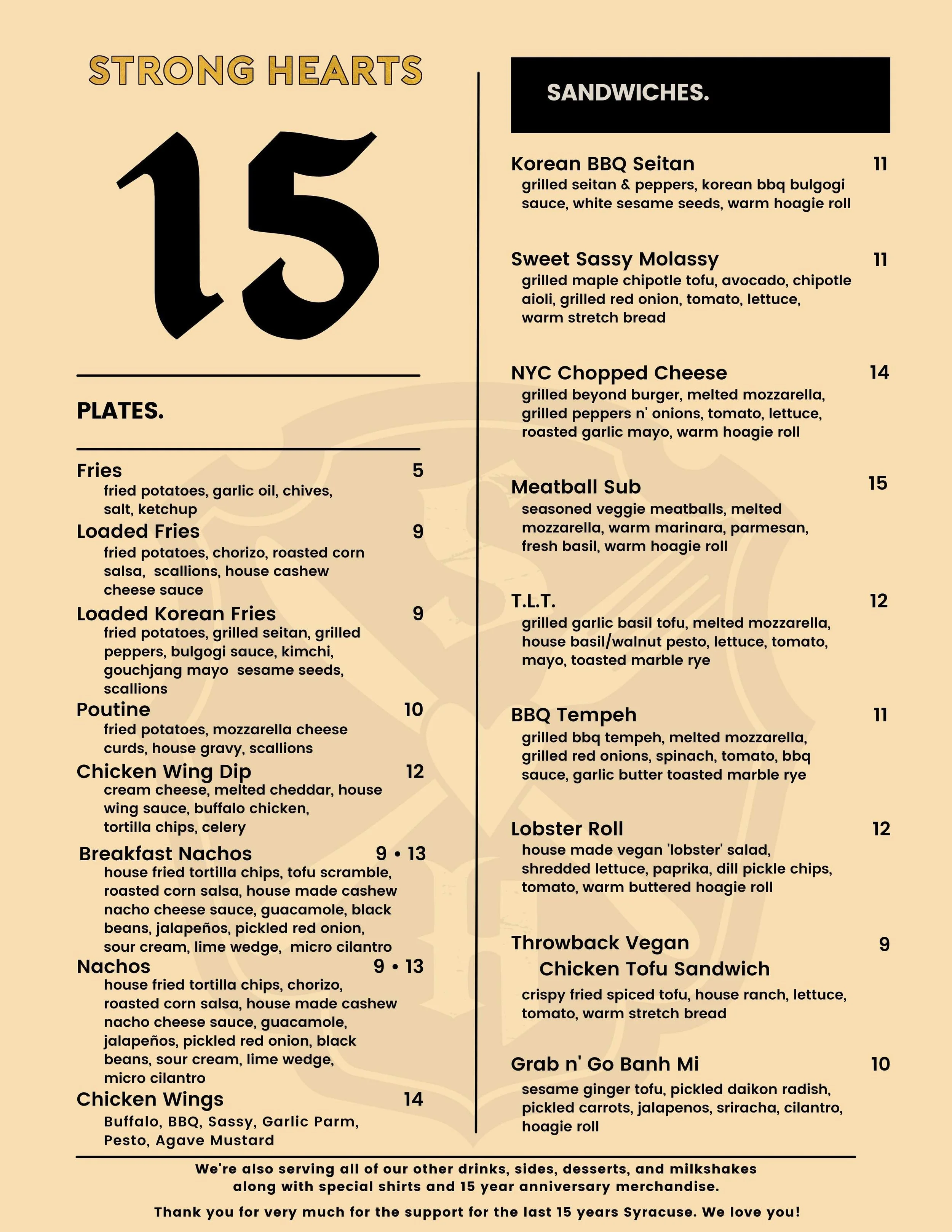 15th Anniversary Weekend Menu