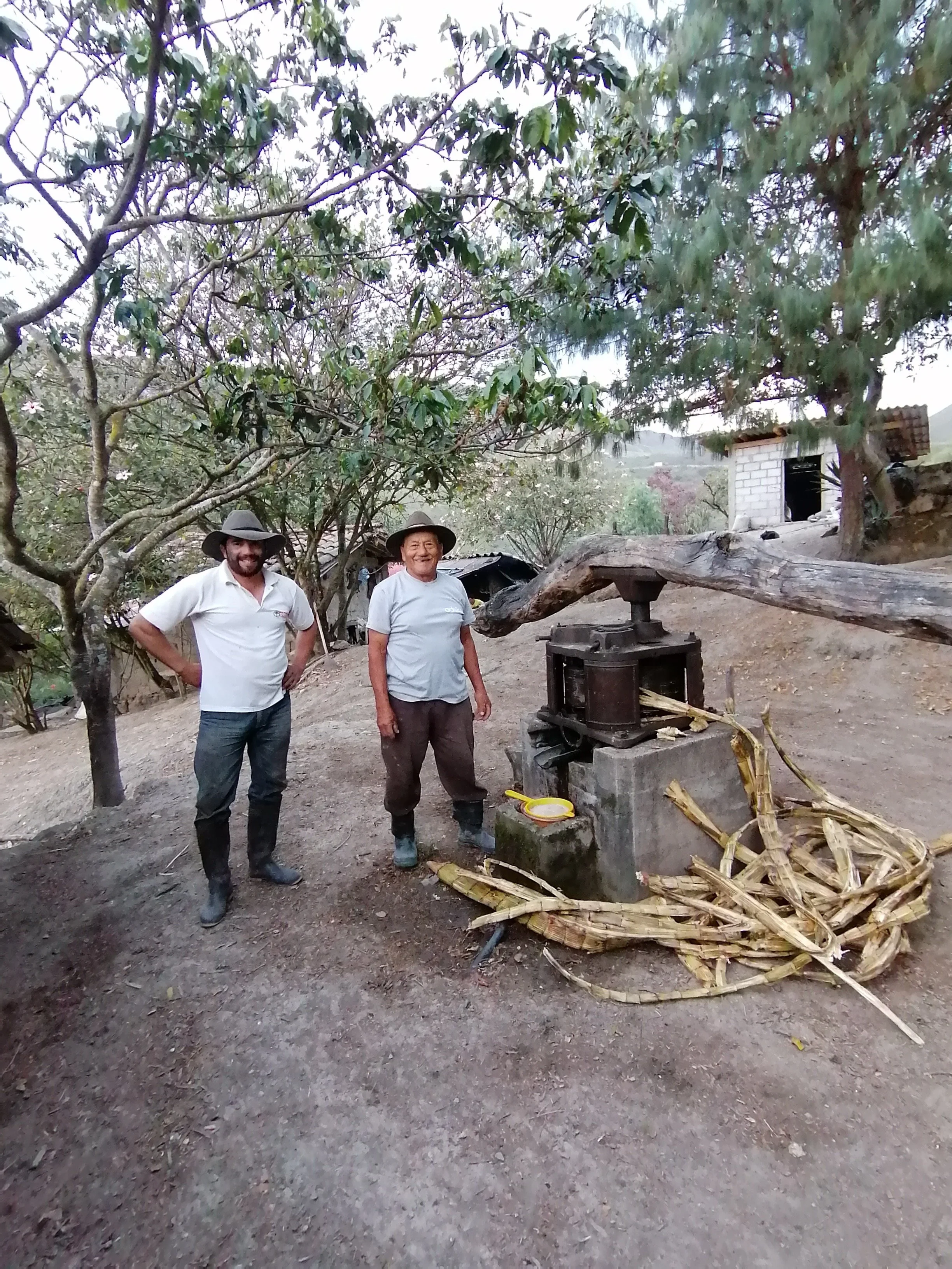 Dos hombres sonrientes con sombreros en un entorno rural, junto a un molino de mano y fruta de sagú en el suelo, rodeados de árboles y una pequeña estructura de ladrillo en el fondo.