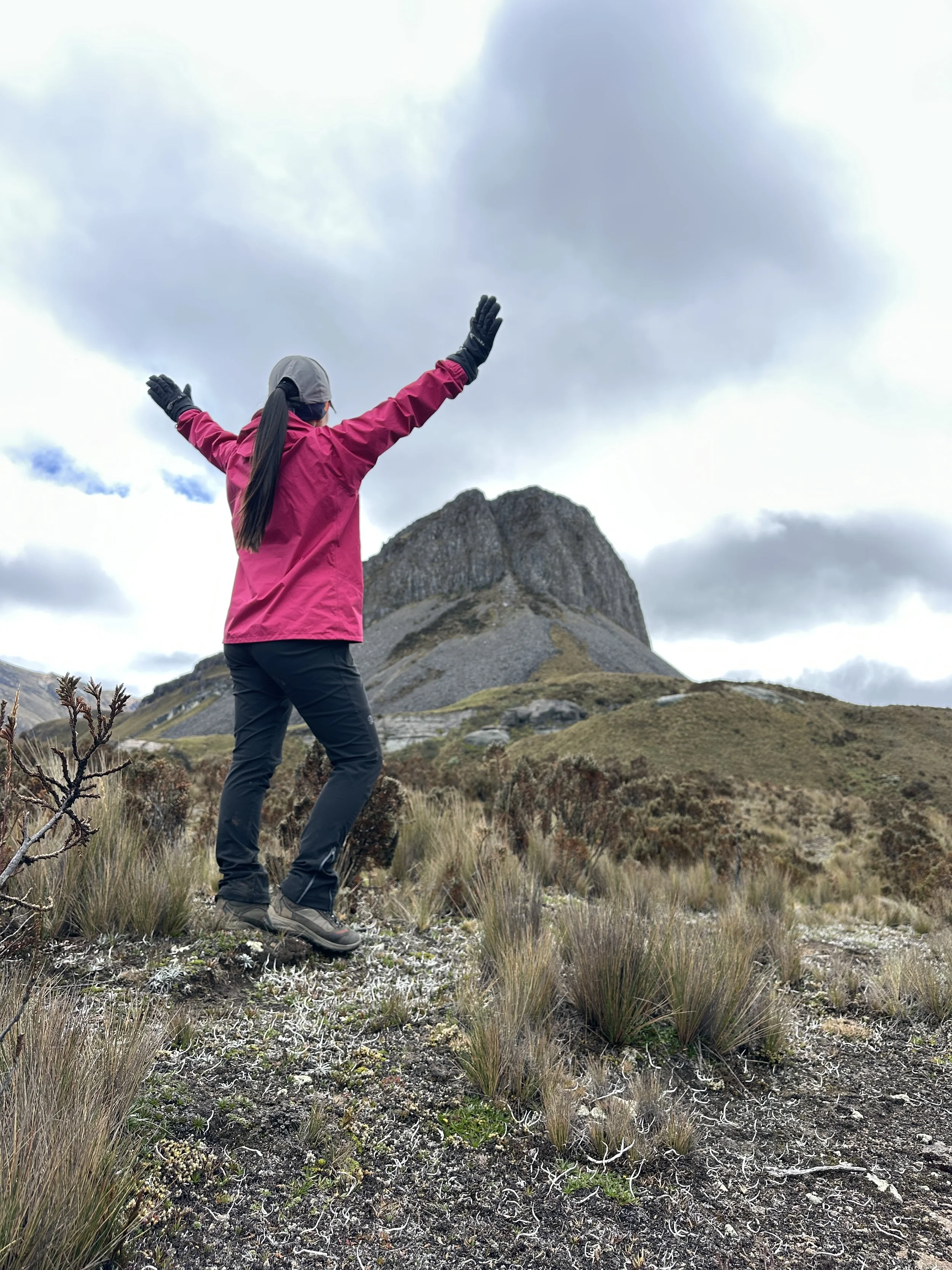 Mujer con chaqueta rosa y pantalones oscuros en una montaña con los brazos extendidos hacia arriba