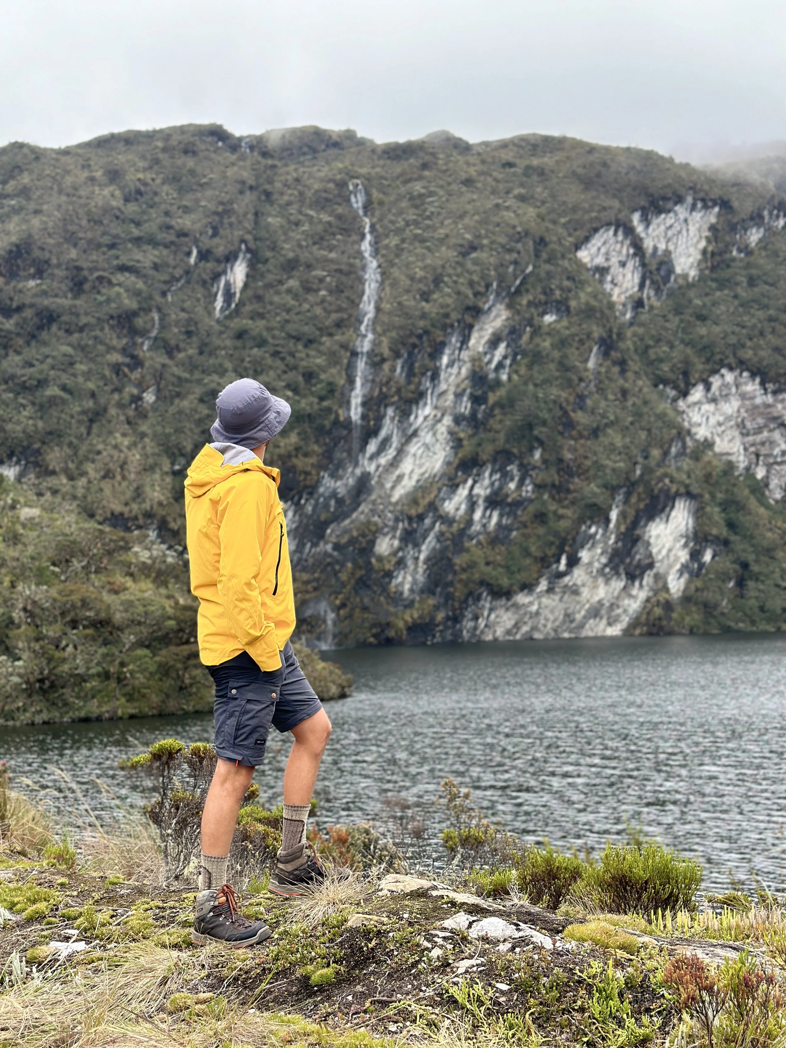 Persona con ropa de senderismo observa un lago y una montaña con cascadas en el fondo.