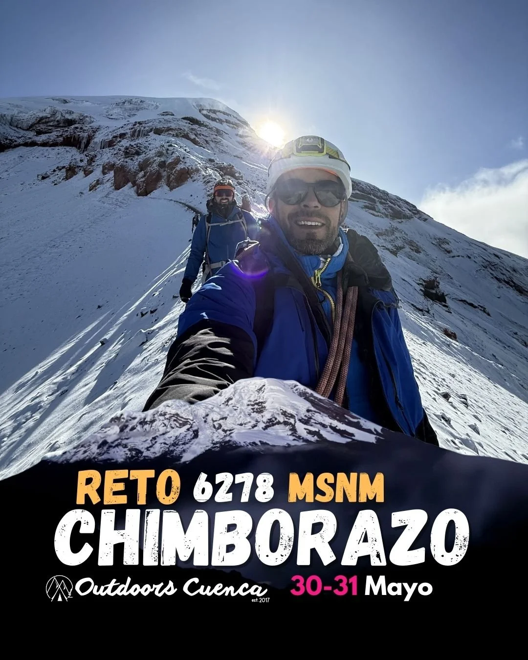 Cartel promocional del reto de escalada en el volcán Chimborazo, en Ecuador, que se llevará a cabo del 25 al 26 de abril, con una altitud de 6278 metros, con un fondo de la montaña nevada y cielo estrellado.