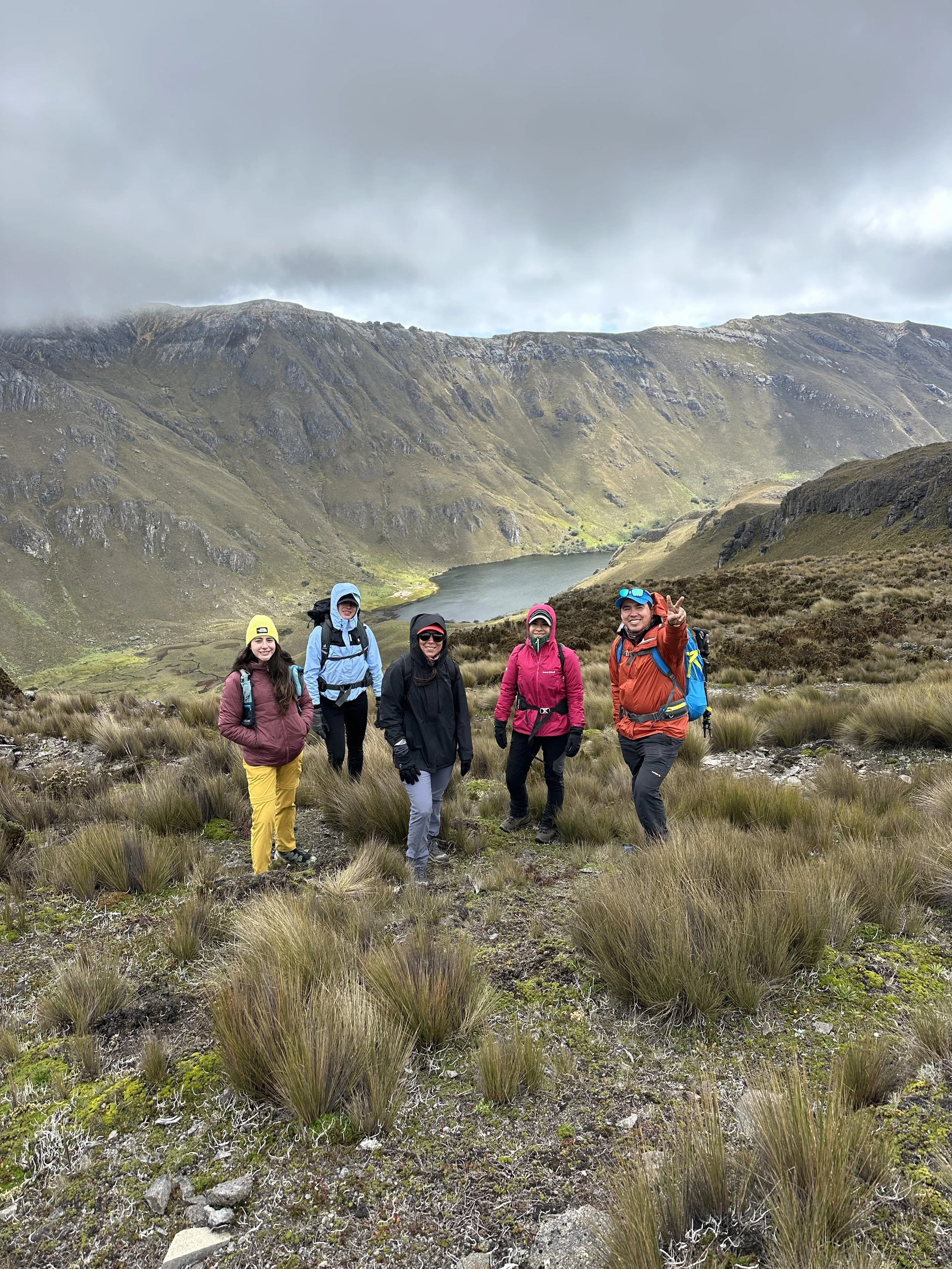Grupo de cinco excursionistas en un paisaje montañoso con vegetación y un lago en el fondo, cielo nublado.