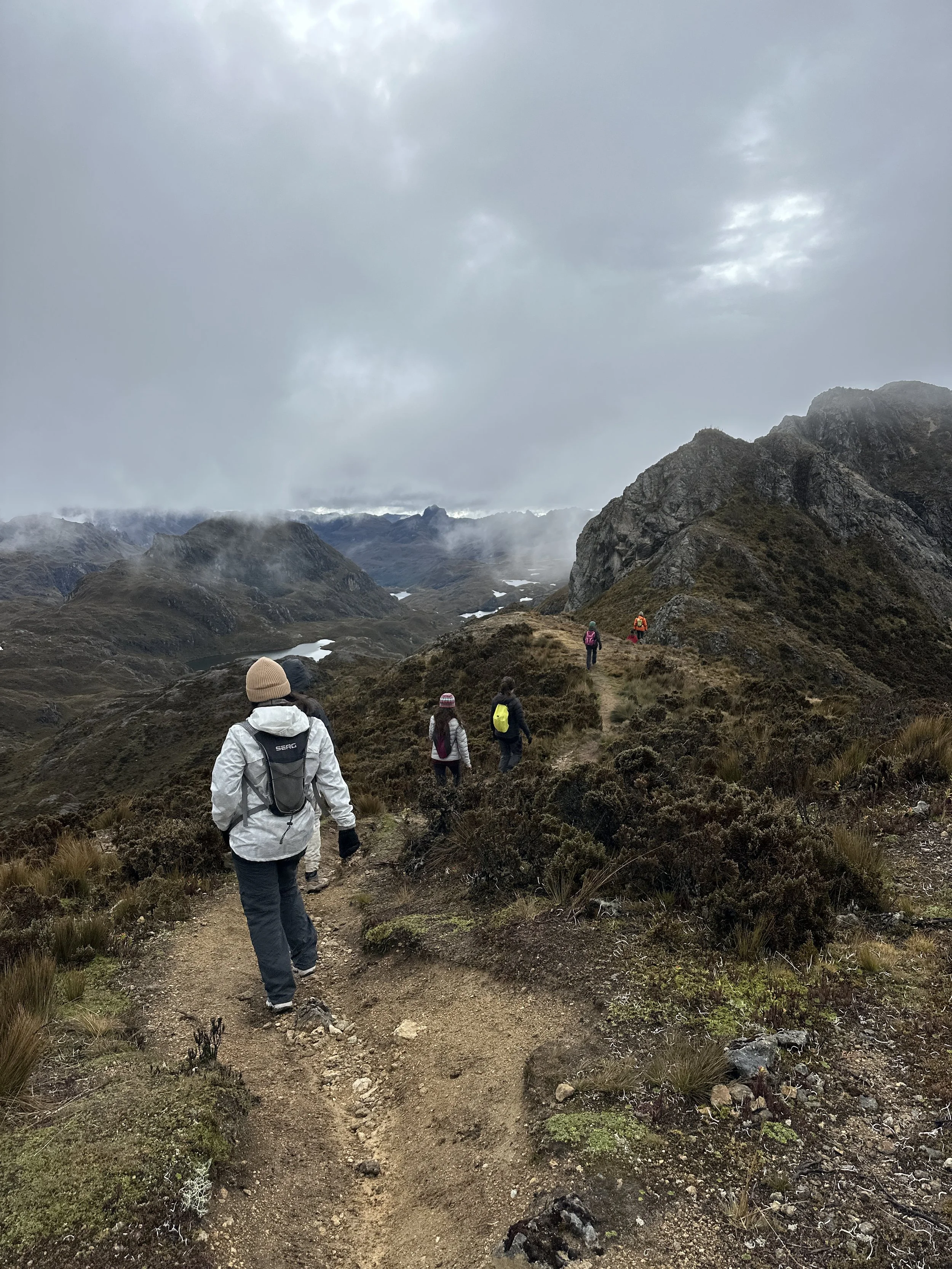 Grupo de personas haciendo senderismo en una ruta montañosa con cielo nublado y paisaje de montañas y lagunas.