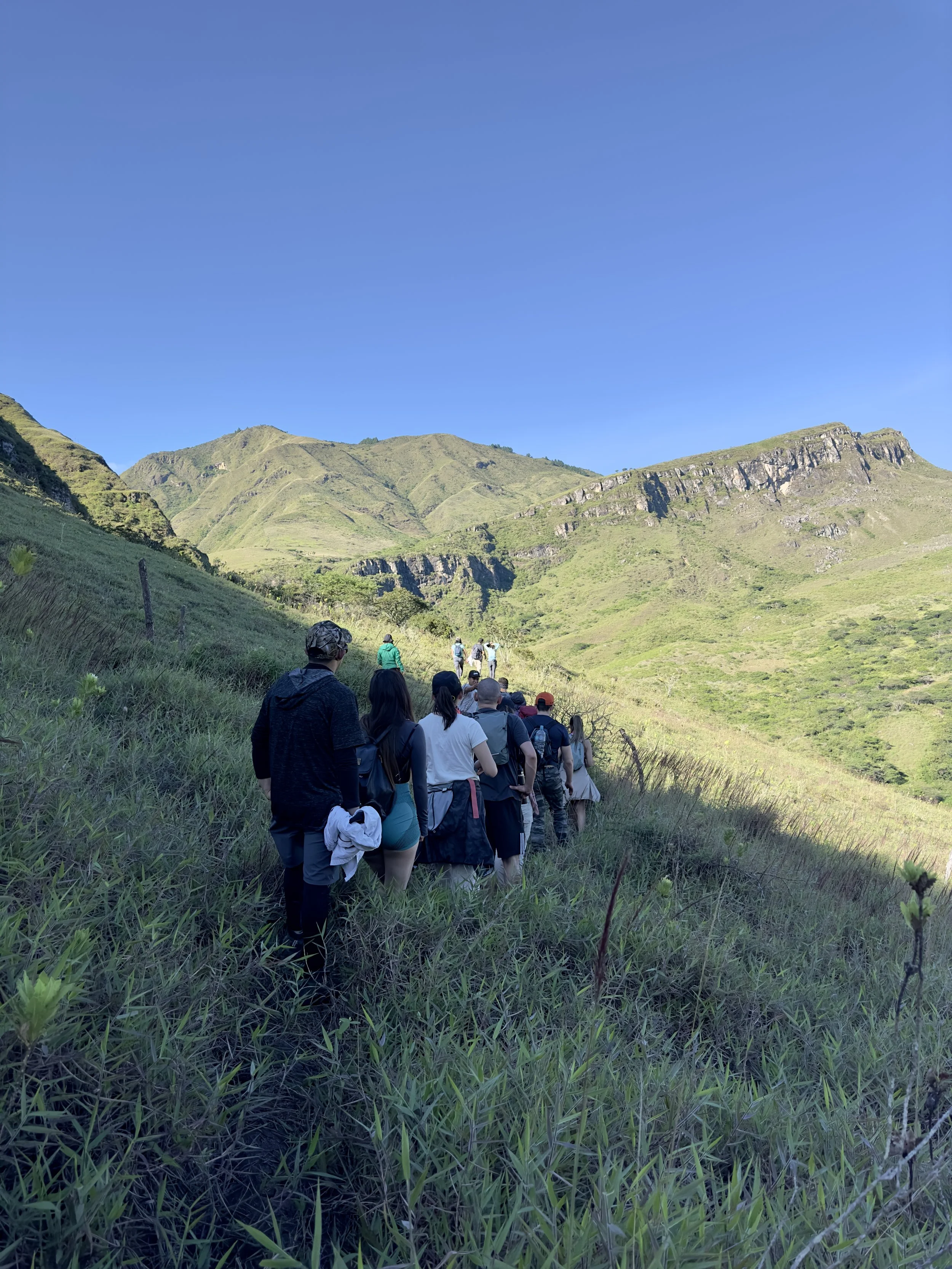 Grupo de personas caminando por una ladera de una montaña verde bajo un cielo despejado.