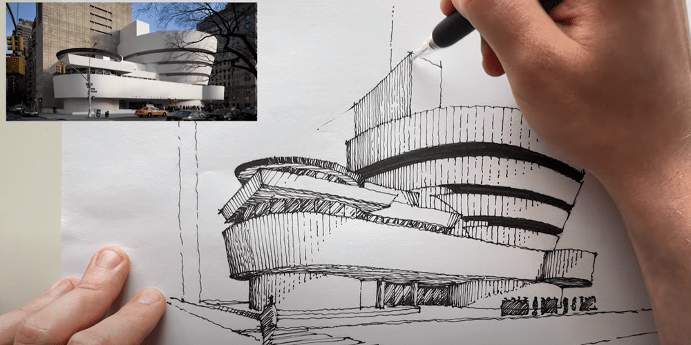 How to Draw Guggenheim Museum in NYC Perspective Tutorial — Sketch