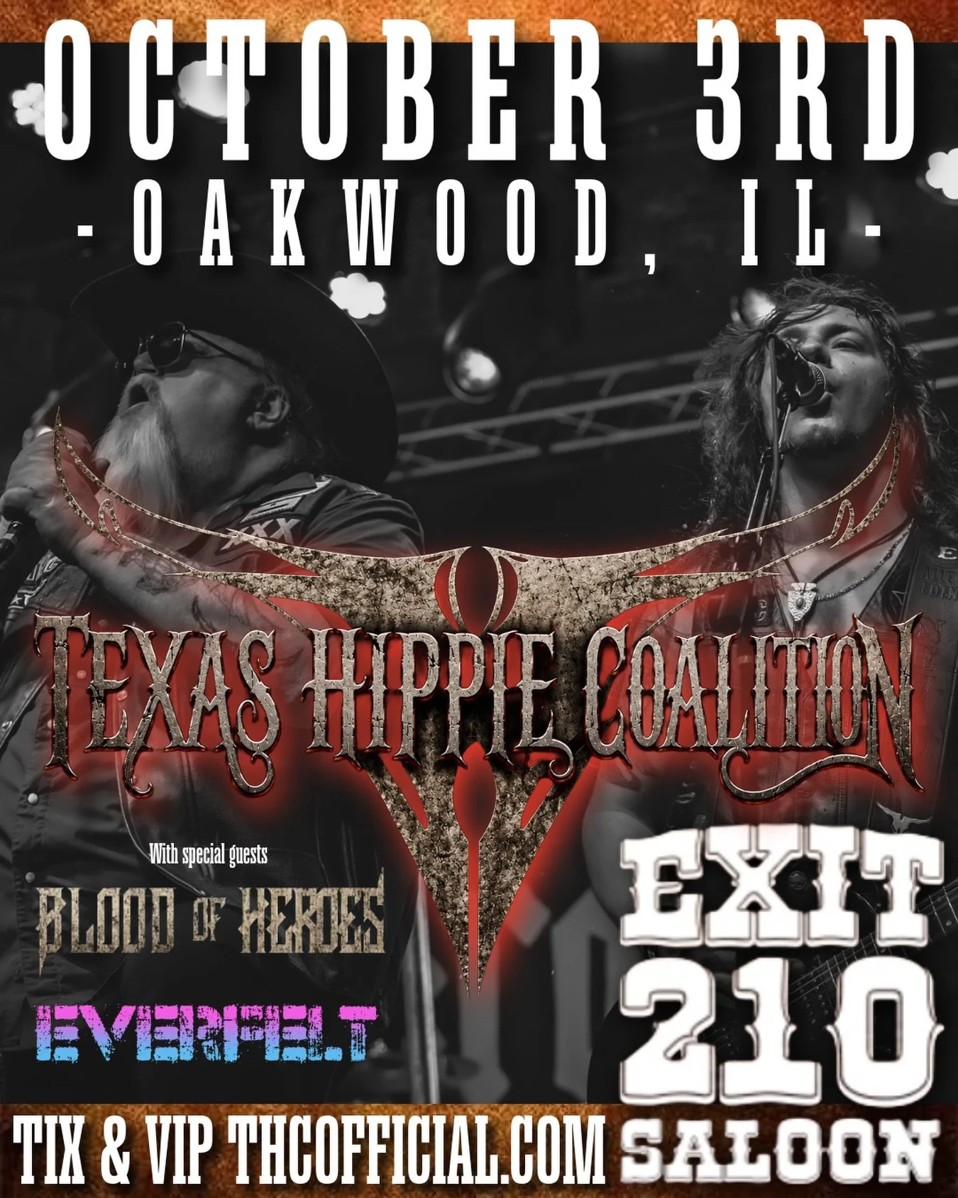 OCTOBER 3RD THE HIPPIES HEAD TO OAKWOOD, IL 
To the @exit210saloon with special guests Blood of Heroes &amp; @everfelt_music 

GET YOUR TICKETS @ THCOFFICIAL.COM