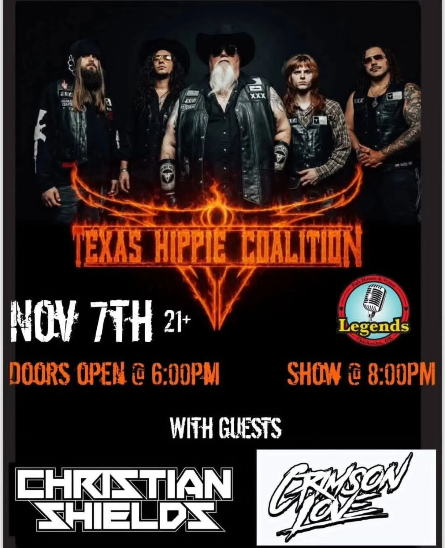 Chickasha, OK.

Who's coming to see us at @legendspubhouseandvenueevents on Nov 7th?

Romos hometown! Come see your boys! 

https://www.ticketstorm.com/event/texashippiecoalitionwithchristianshieldscrimsonlove/legendspubhousevenue/chickasha/33022/