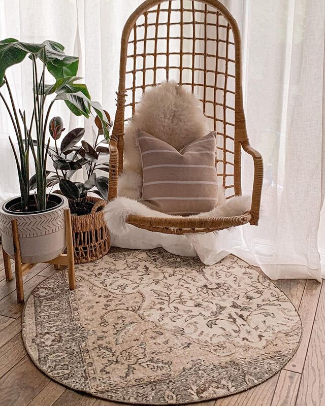 Wouldn&rsquo;t mind snuggling up with a book right here! But let&rsquo;s be honest, as soon as this chair is hung my kids claim it as their swing. 
This rug is called GREY on the website. *I have 2 almost identical in stock.
