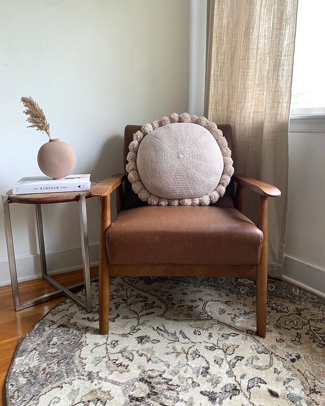 Cozy little reading spot! This neutral round is one of 3 that will be available in the shop this week. Look for GREY. Love the colours of this one.