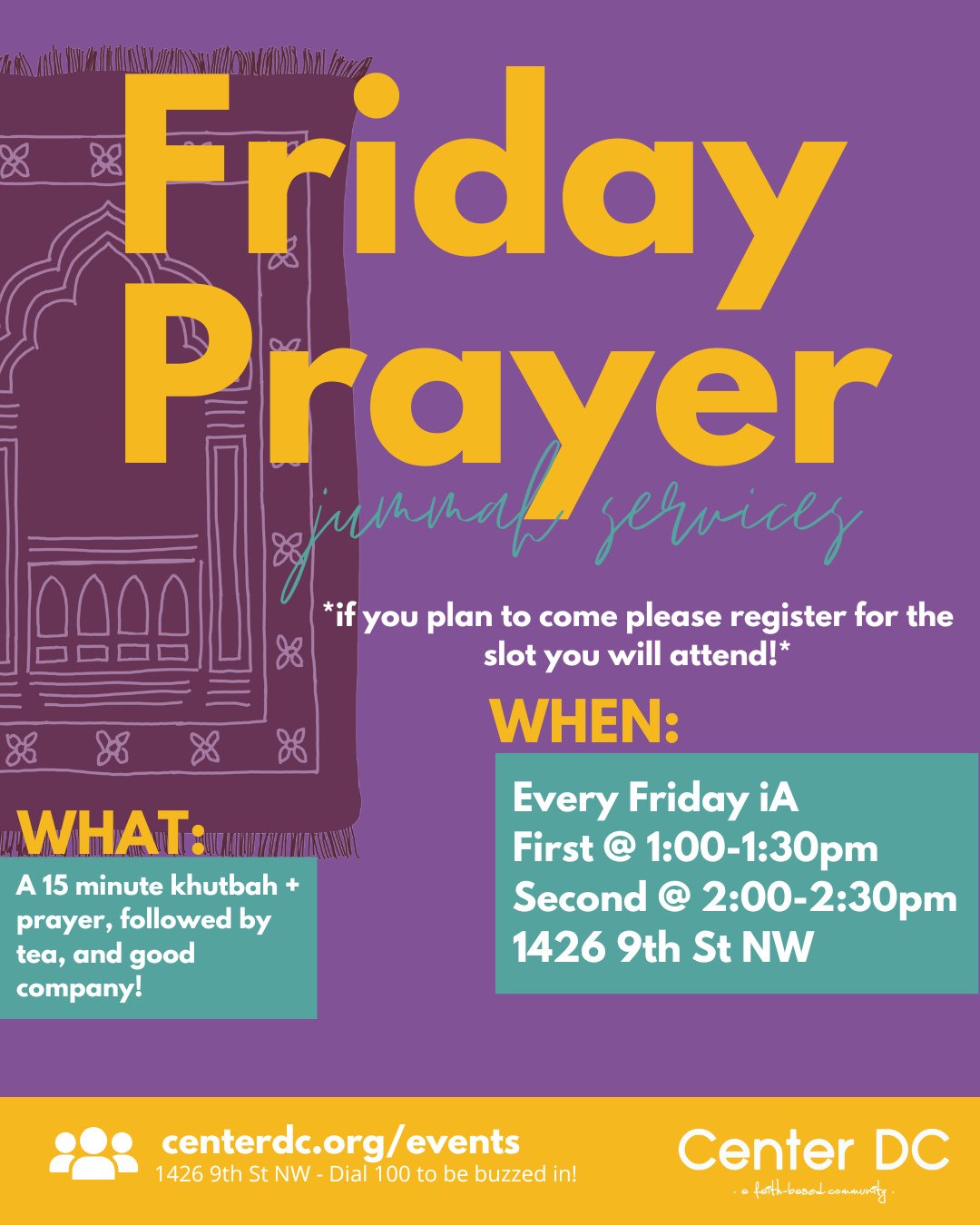 We are so excited that we have out-grown our current jummah space! To meet the needs of our growing community, we are going to be offering two (2) jummah services starting THIS FRIDAY May 2nd, inshaAllah!
A few simple things you can help with to m