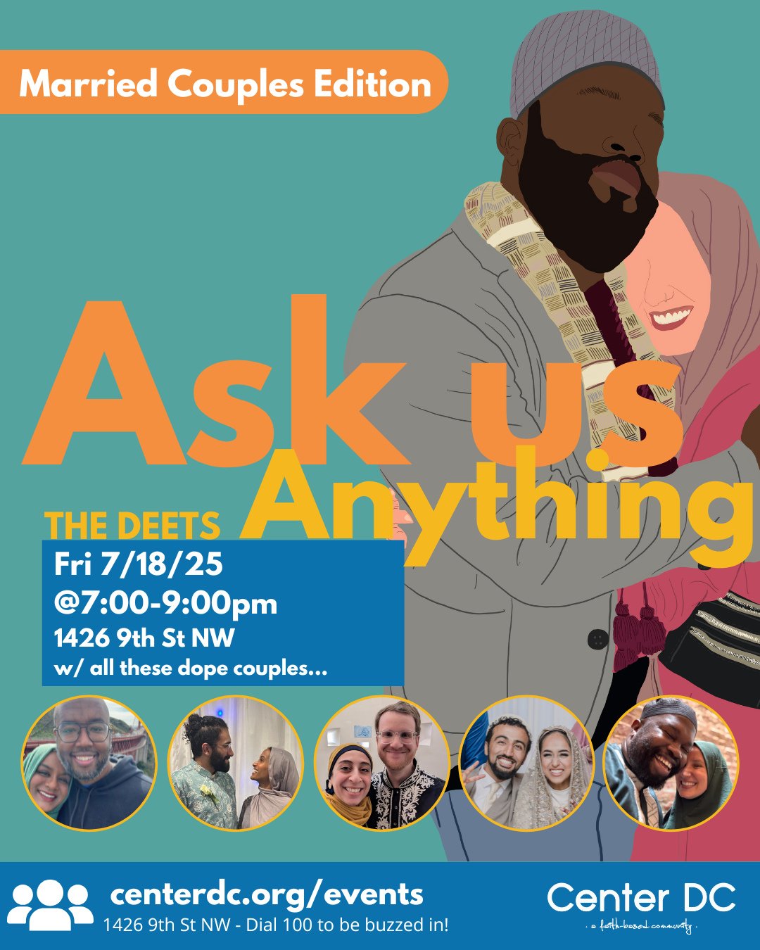 Join us for a candid conversation about marriage with Center DC's incredible spouses-in-residence pictured here! Our leadership team will share tips and answer your questions iA this upcoming Friday 7/18 @ 7pm. You can submit your questions on the li