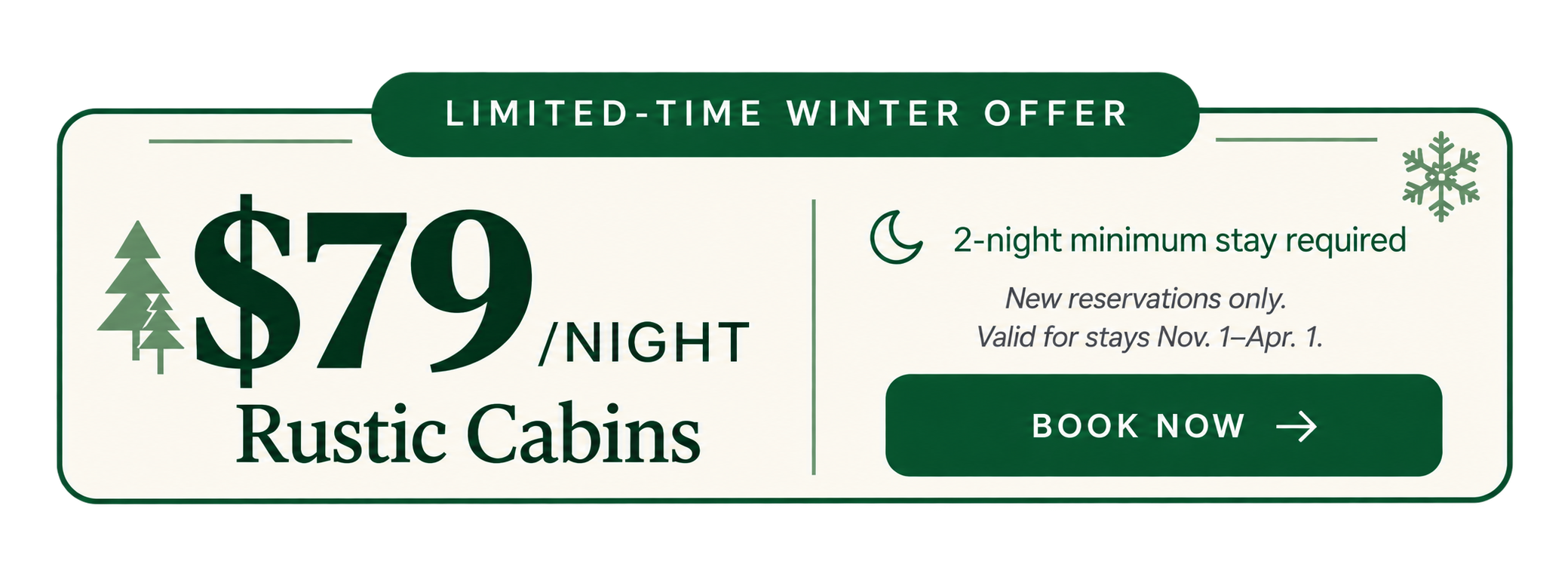$79 per night winter special for rustic cabins at Rippling River Resort in Marquette, Michigan