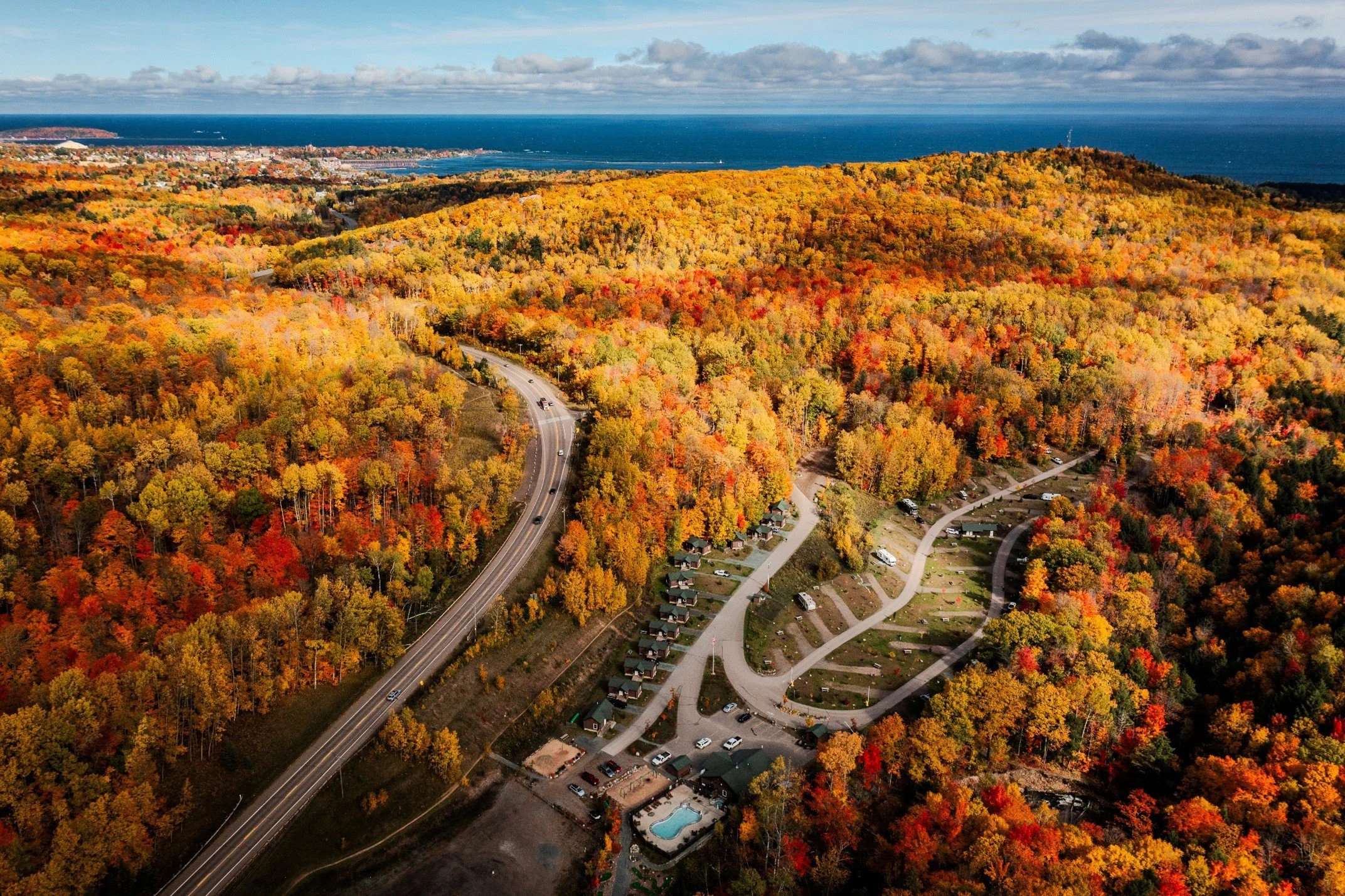Drone shot in the fall of Rippling River Resort in Marquette Michigan Upper Peninsula Camping