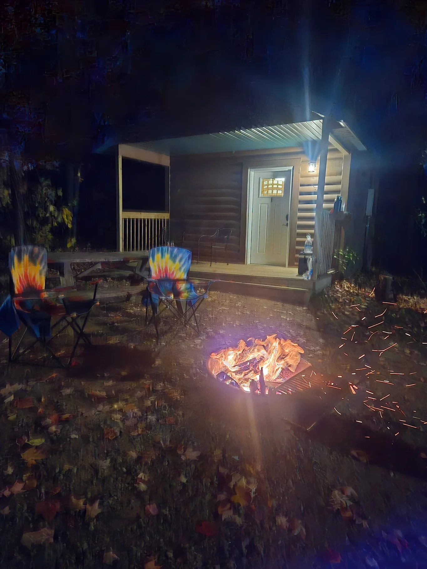 Rippling River Resort Luxury Cabin at Night with a bon fire roaring